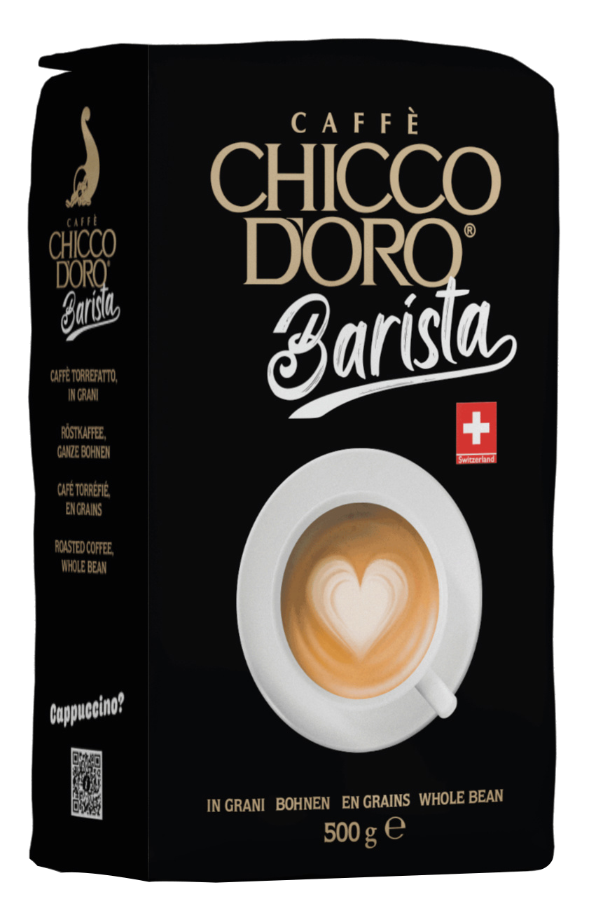 Fekete kávés zacskó, szív mintás cappuccino képpel.