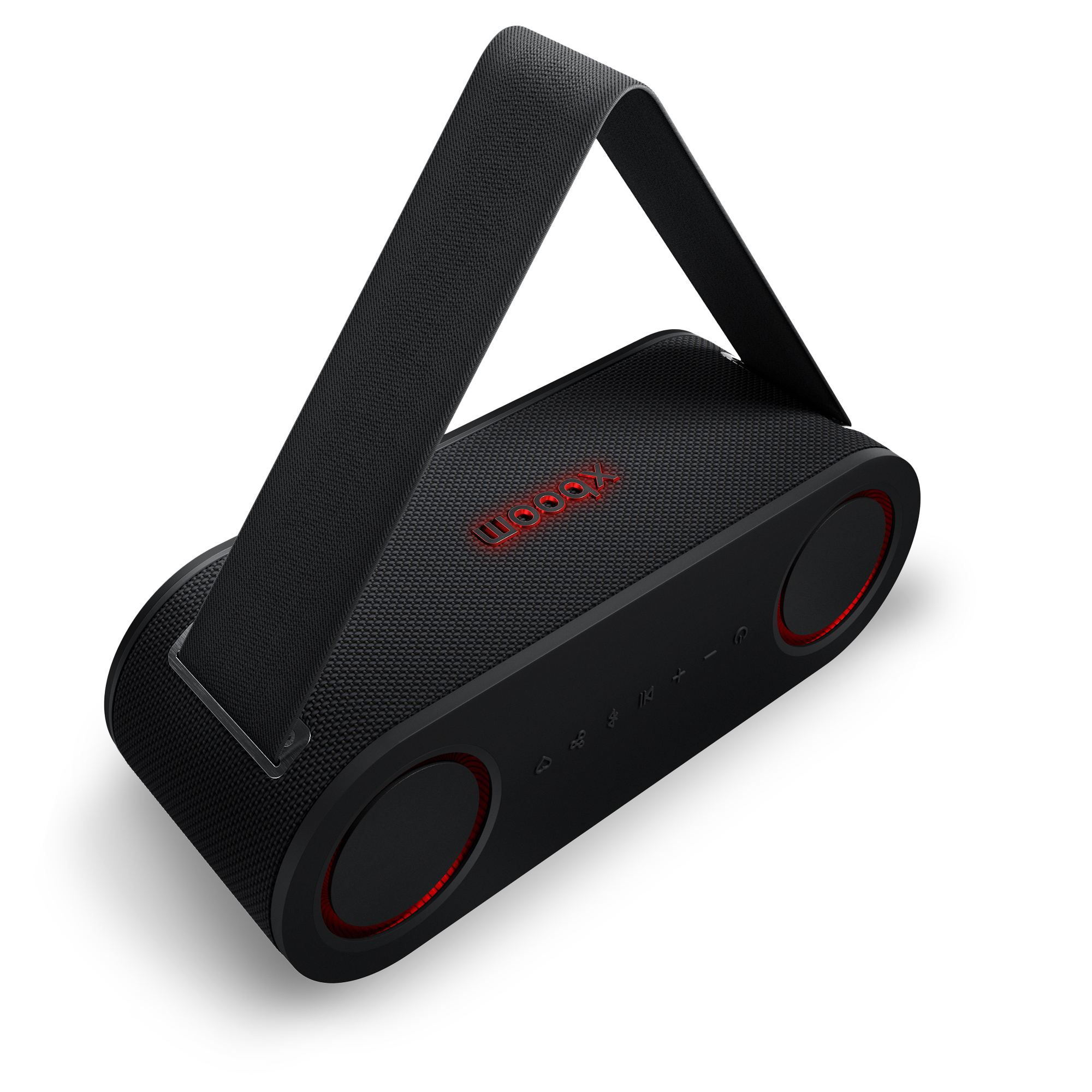 Altavoz negro con acento rojo, logotipo rojo, correa de transporte negra.