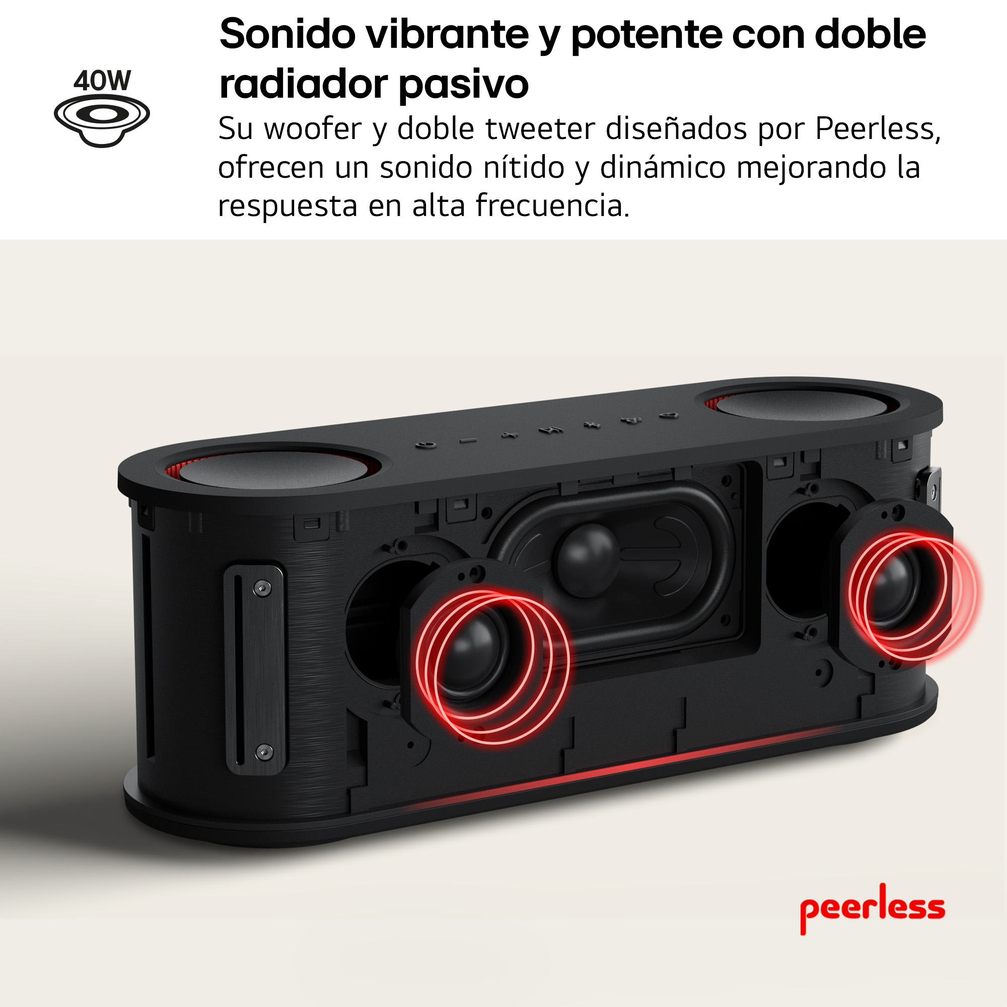 Altavoz negro con luces rojas que rodean los controladores de los altavoces.