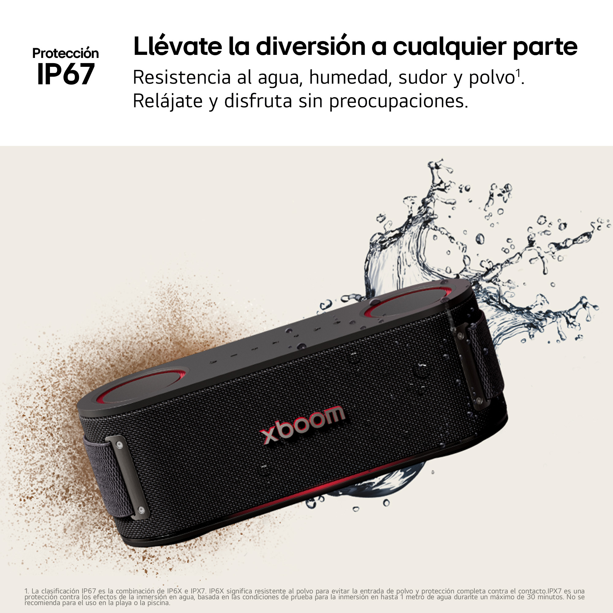Altavoz negro con detalles rojos. Salpicaduras de agua alrededor del altavoz. Protección IP67.