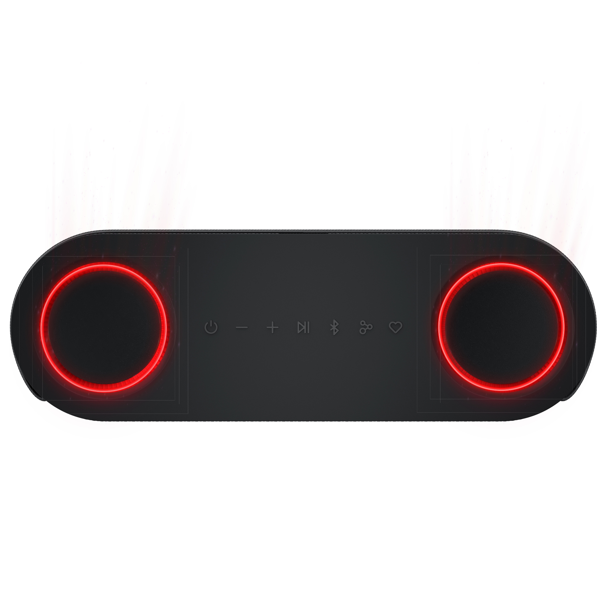 Altavoz negro con anillos de luz rojos en los lados. Controles en el medio.