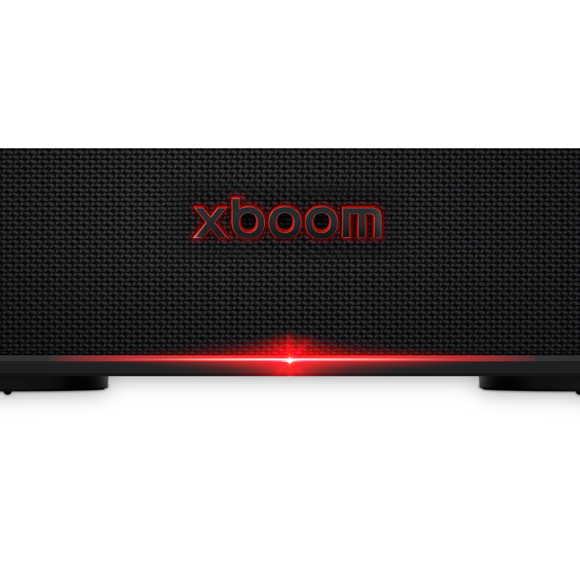 Primer plano de altavoz negro con logotipo rojo y luz de acento roja.