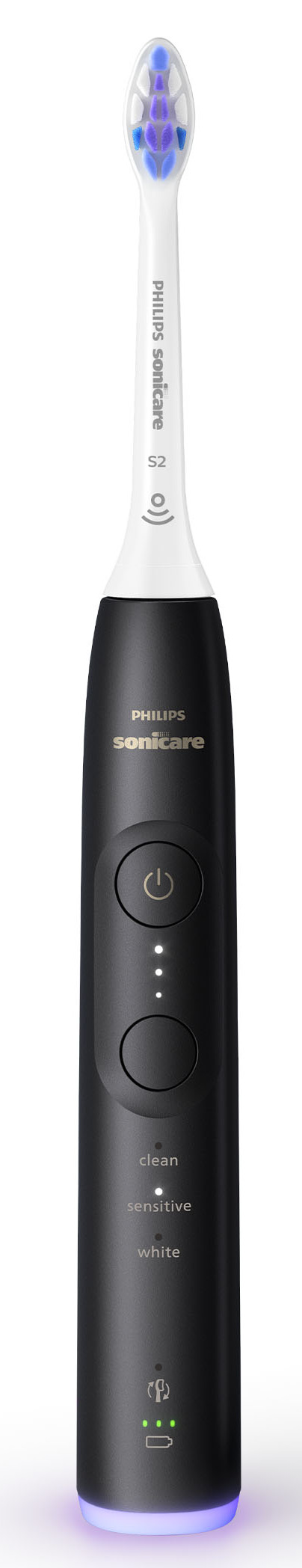 Czarna szczoteczka Philips Sonicare z białą główką i fioletowo-niebieskim włosiem. Białe tło.