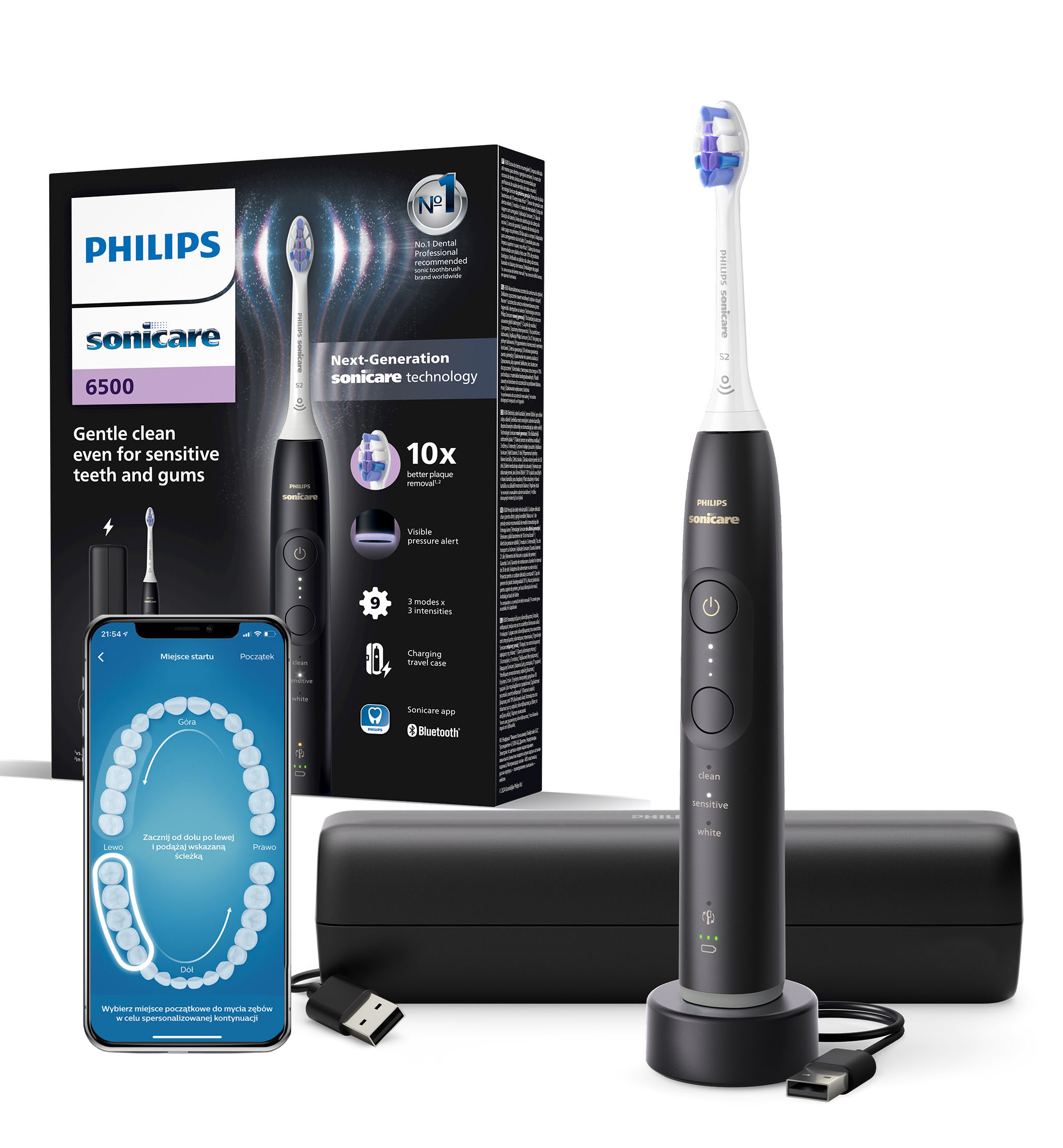 Pudełko z Philips Sonicare 6500, szczoteczką, telefonem z aplikacją, ładowarką i etui.