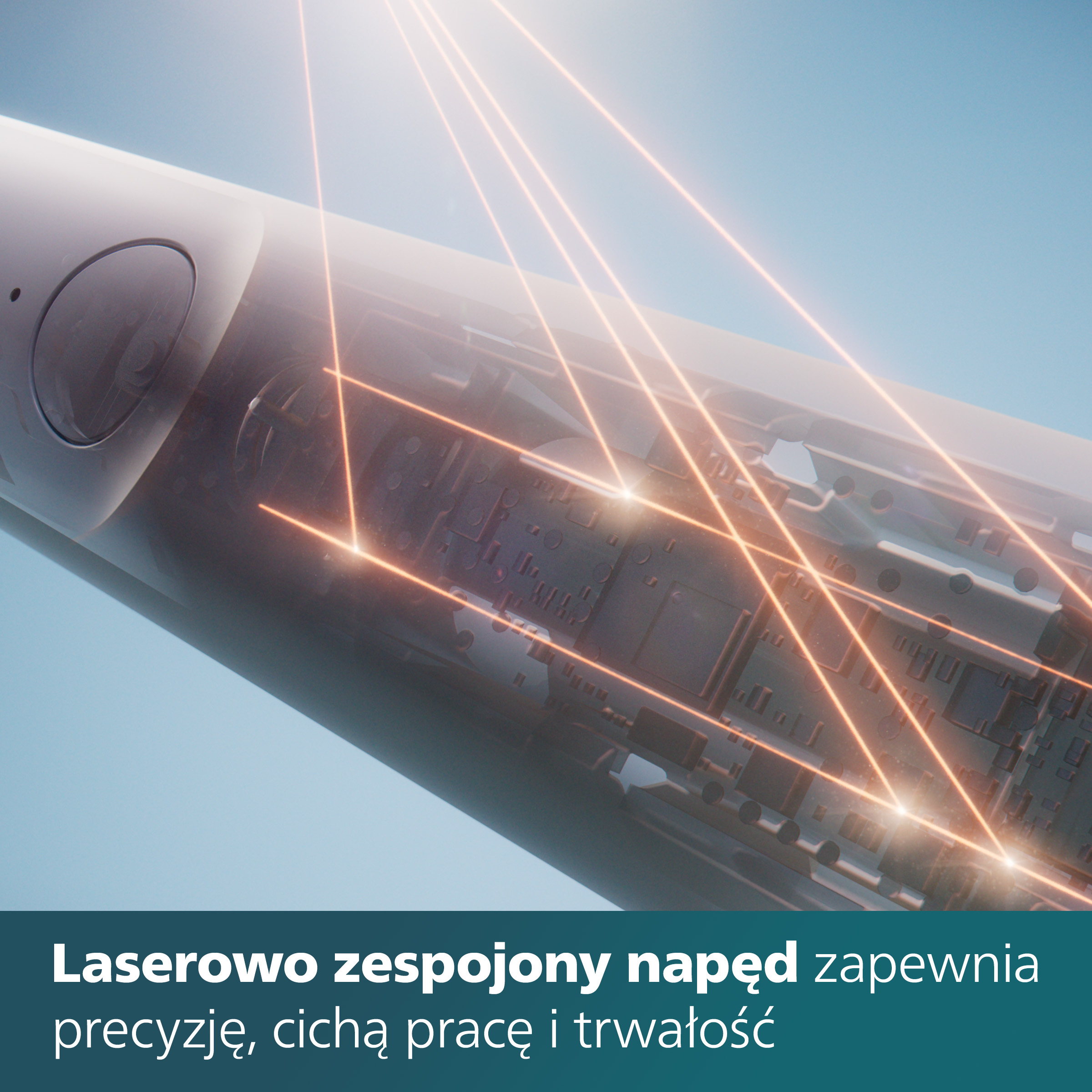 Zbliżenie szczoteczki Philips Sonicare z wiązkami laserowymi. Niebieskie tło.