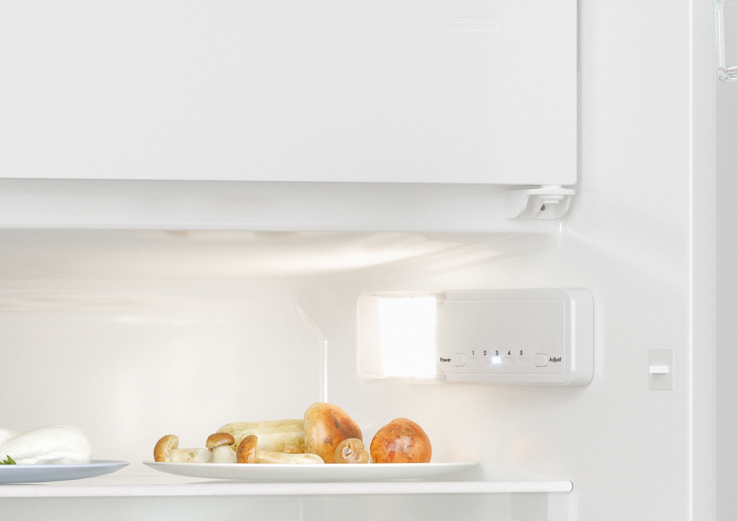Dentro de la nevera: comida en platos, una luz y un panel de control.