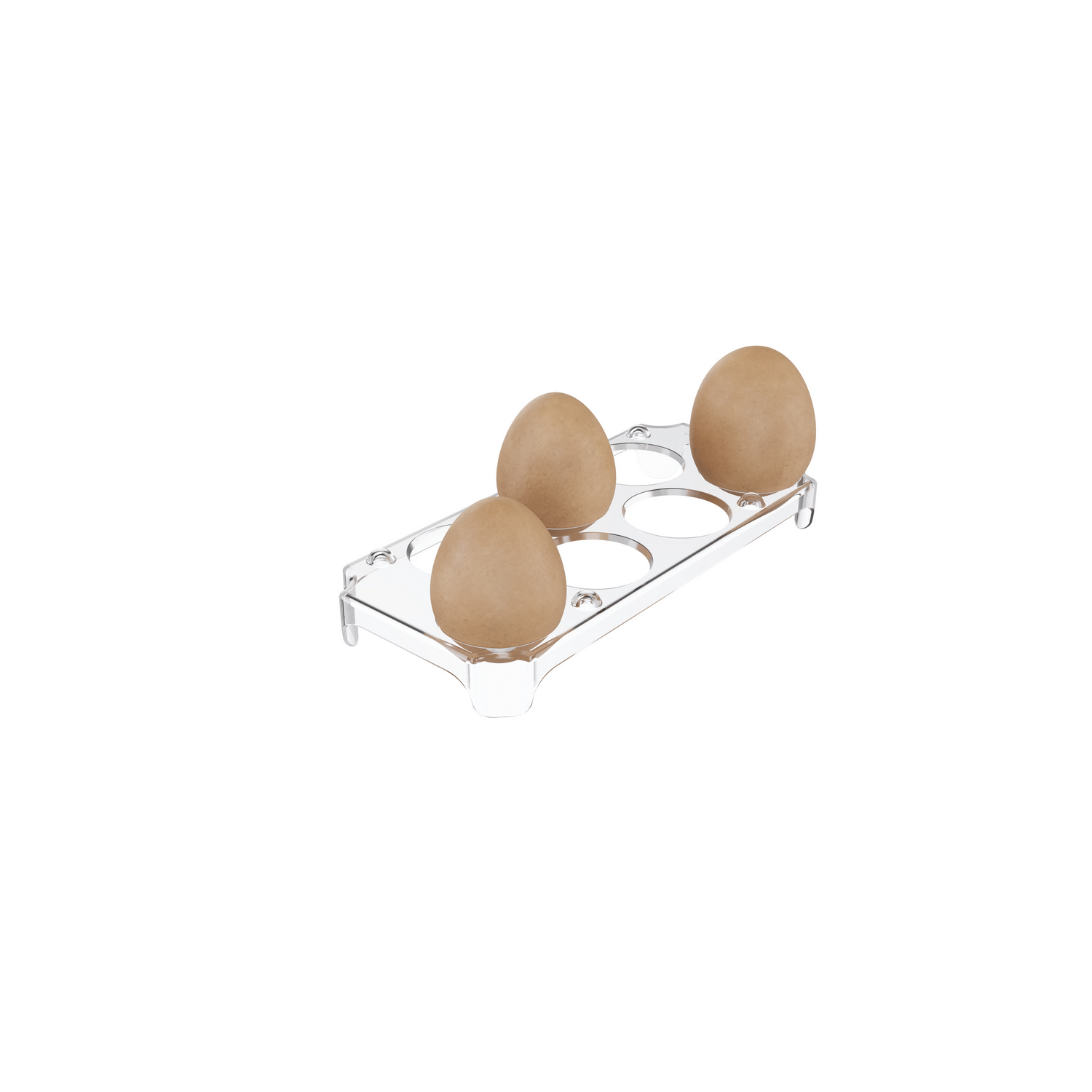 Tres huevos marrones en un soporte de plástico transparente para huevos, aislado sobre blanco.