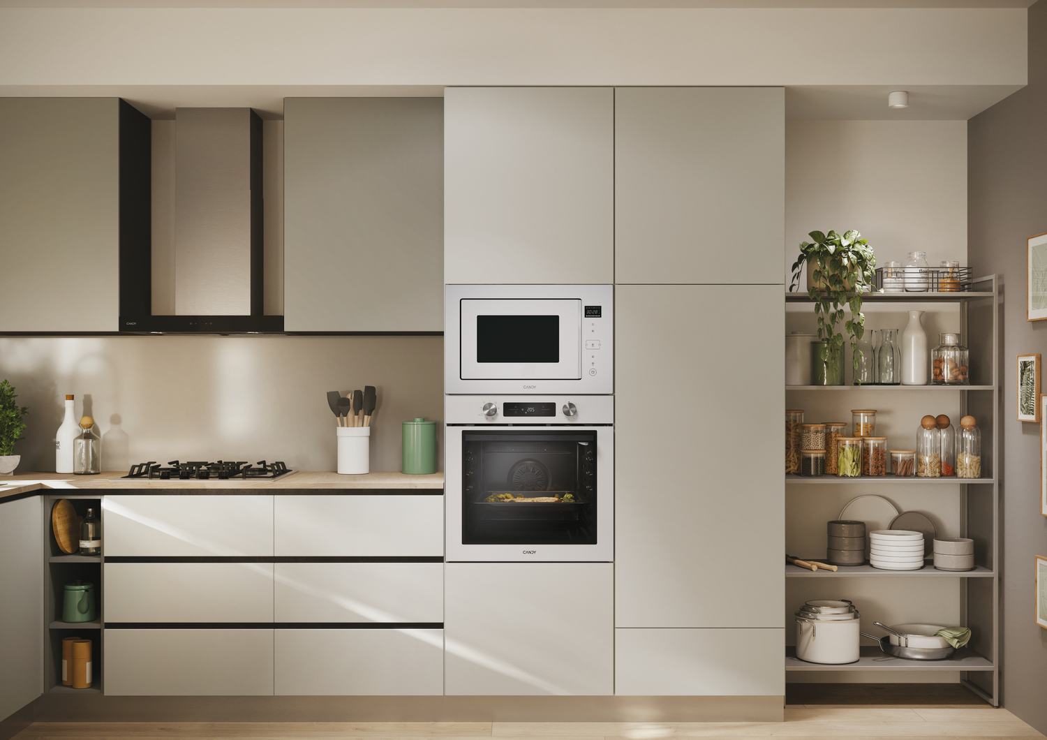 Una cocina con microondas y horno, con estanterías y plantas.