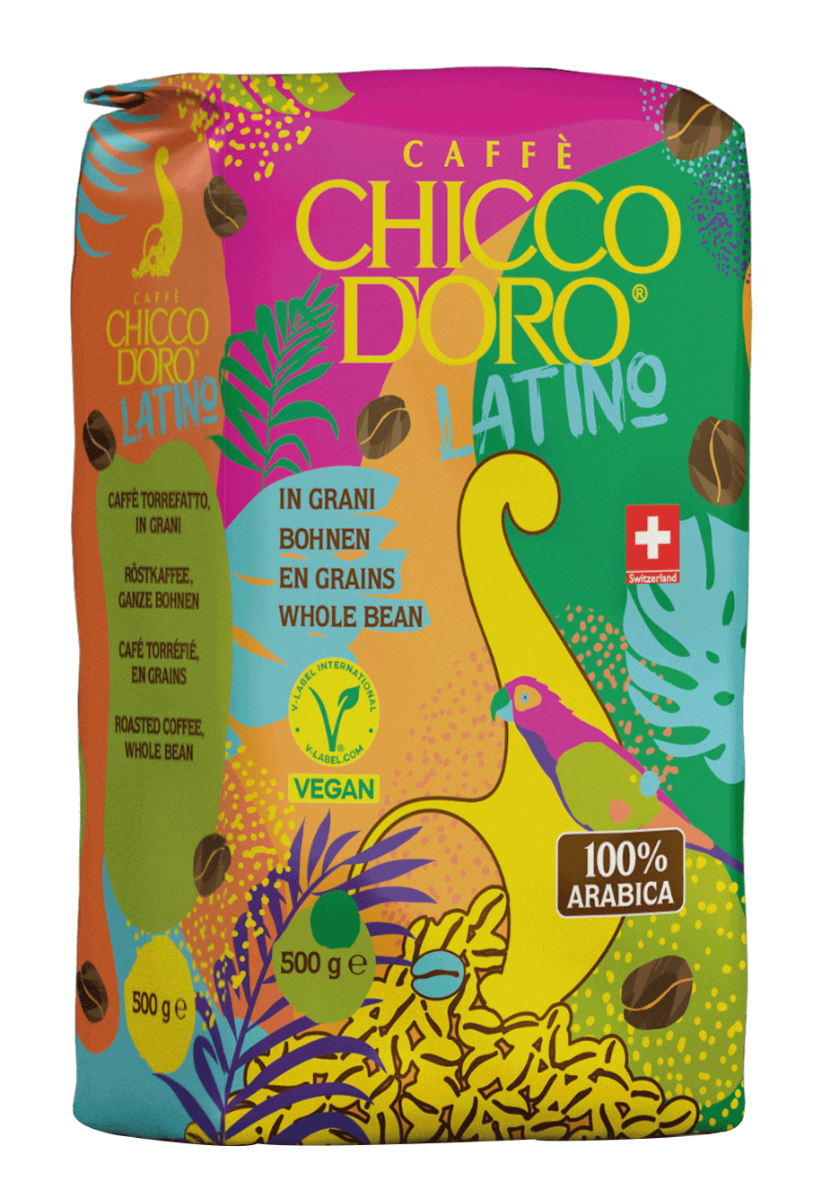 Színes Chicco D'oro Latino kávés zacskó, kávébabbal. Egészben pörkölt kávé, 500g.