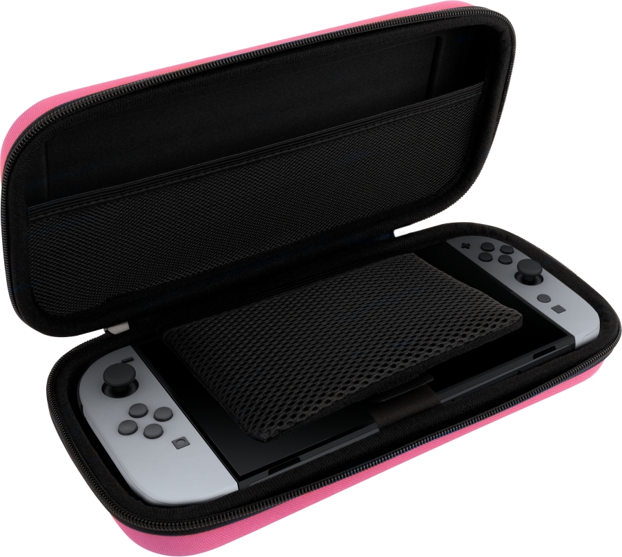 Étui rose ouvert avec Nintendo Switch. Doublure noire et poche en filet.