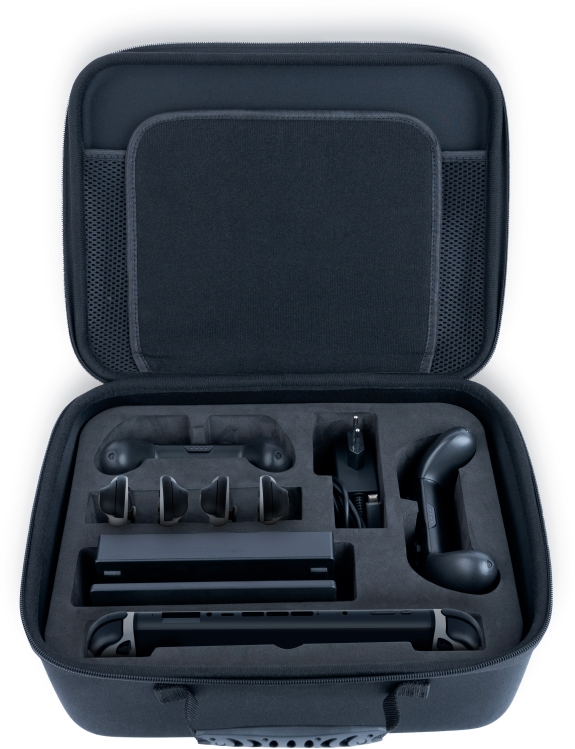 Custodia nera aperta con accessori Nintendo Switch: controller, caricabatterie e console.