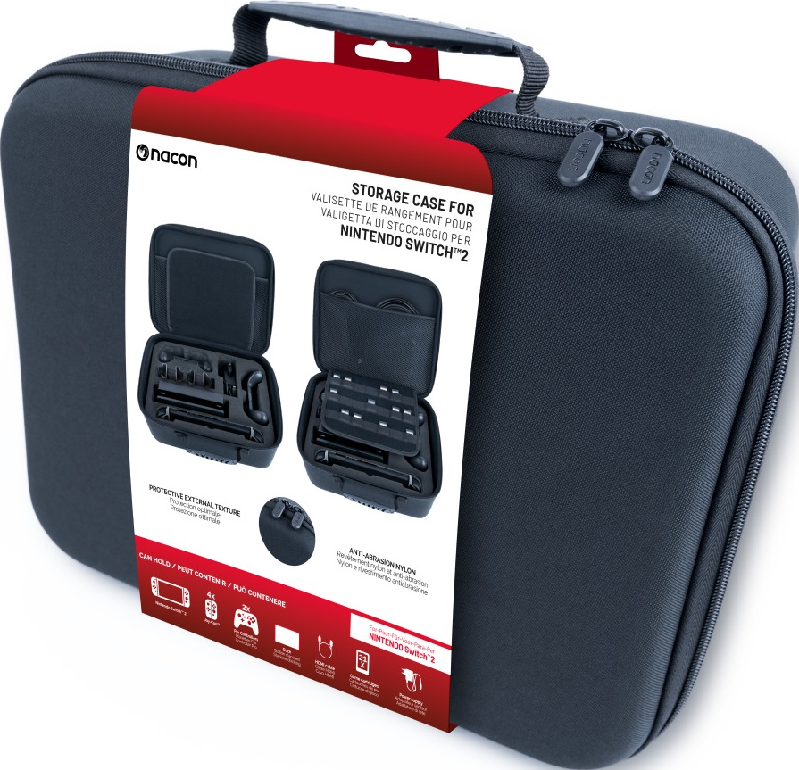 Custodia grigio scuro per Nintendo Switch con etichetta che mostra accessori e immagini della console.