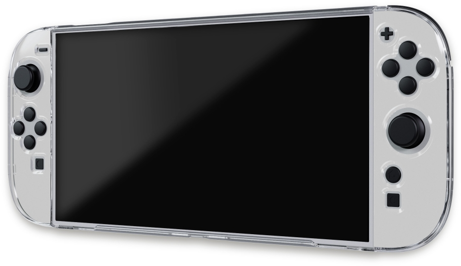 Console Nintendo Switch in custodia trasparente, schermo rivolto in avanti, controlli visibili.