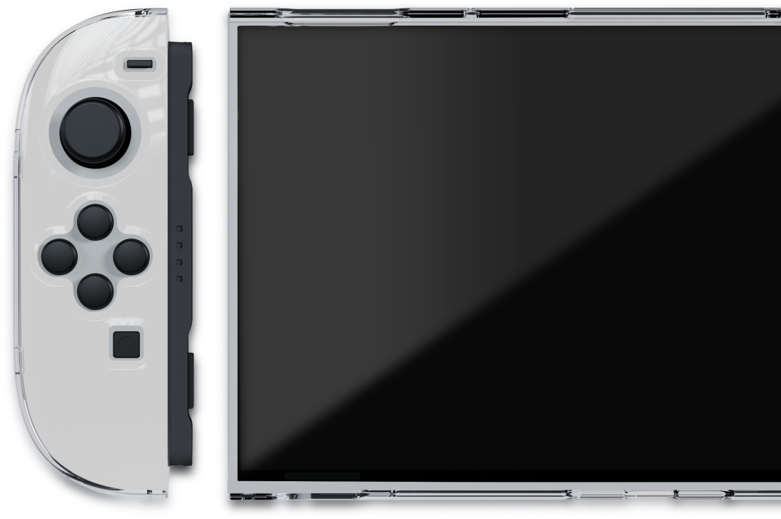 Controller e lato console Nintendo Switch in custodia trasparente, schermo visibile.