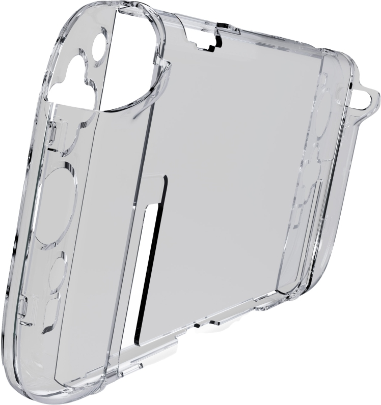 Custodia in plastica trasparente per console di gioco, con fori per pulsanti e porte.