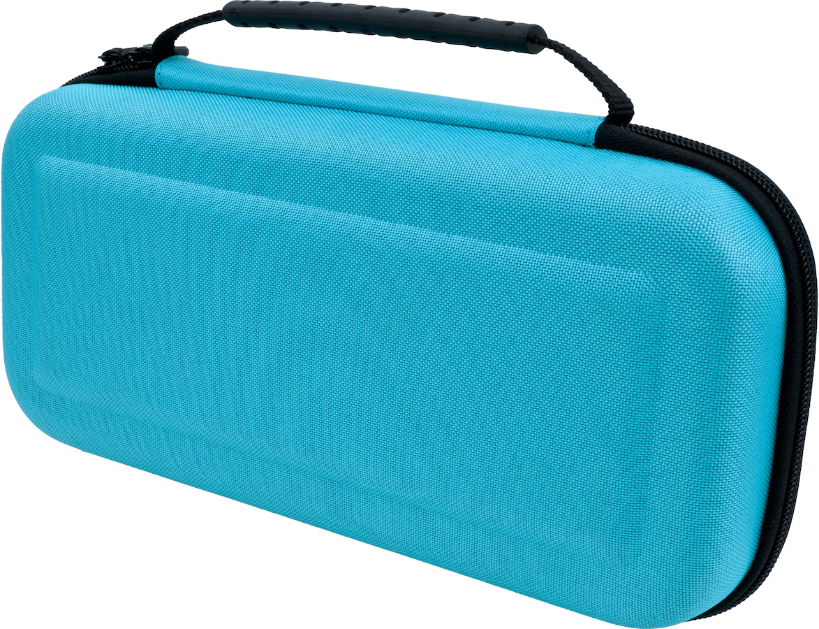 Custodia blu con manico e cerniera neri. La custodia è per una console di gioco.
