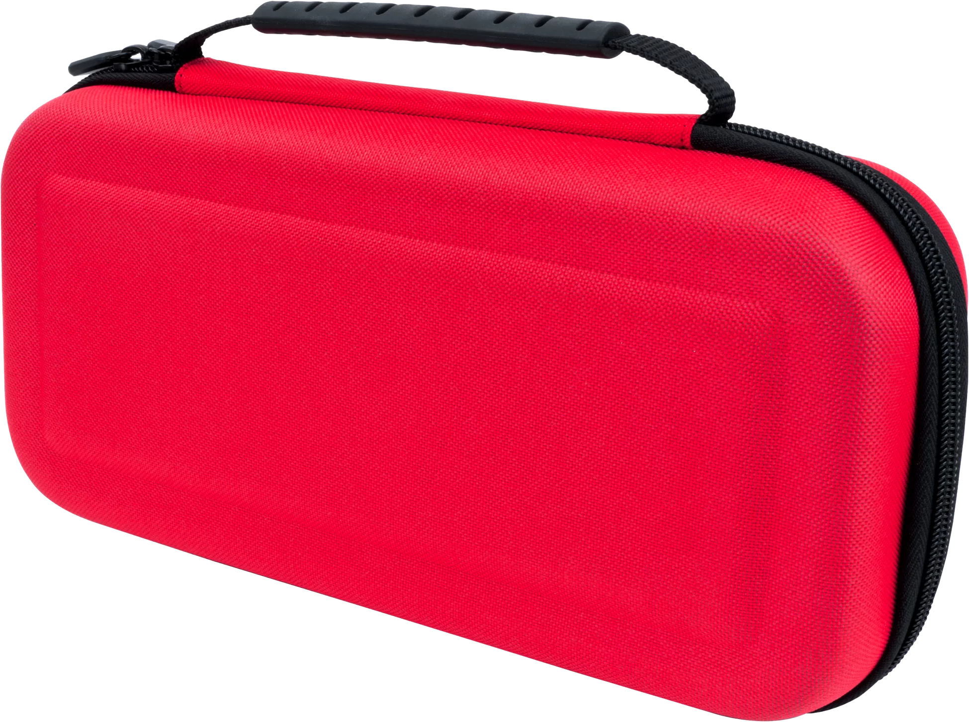 Custodia rossa Nintendo Switch, chiusa, con zip nera e manico. Forma rettangolare.
