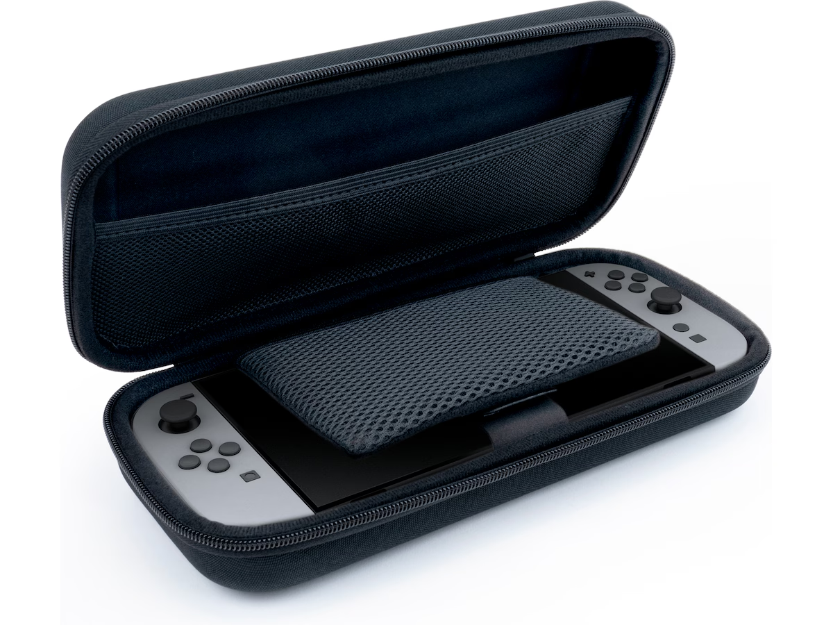 Custodia Nintendo Switch grigio scuro aperta con console all'interno. Mostra console e spazio.