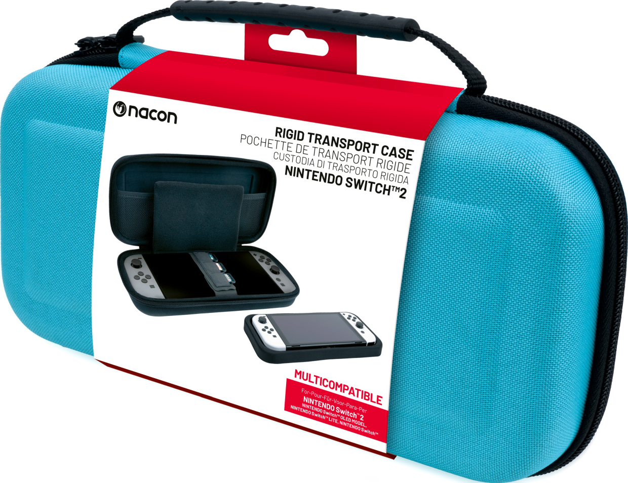 Custodia Nintendo Switch azzurra con manico, etichetta bianca con dettagli del prodotto.