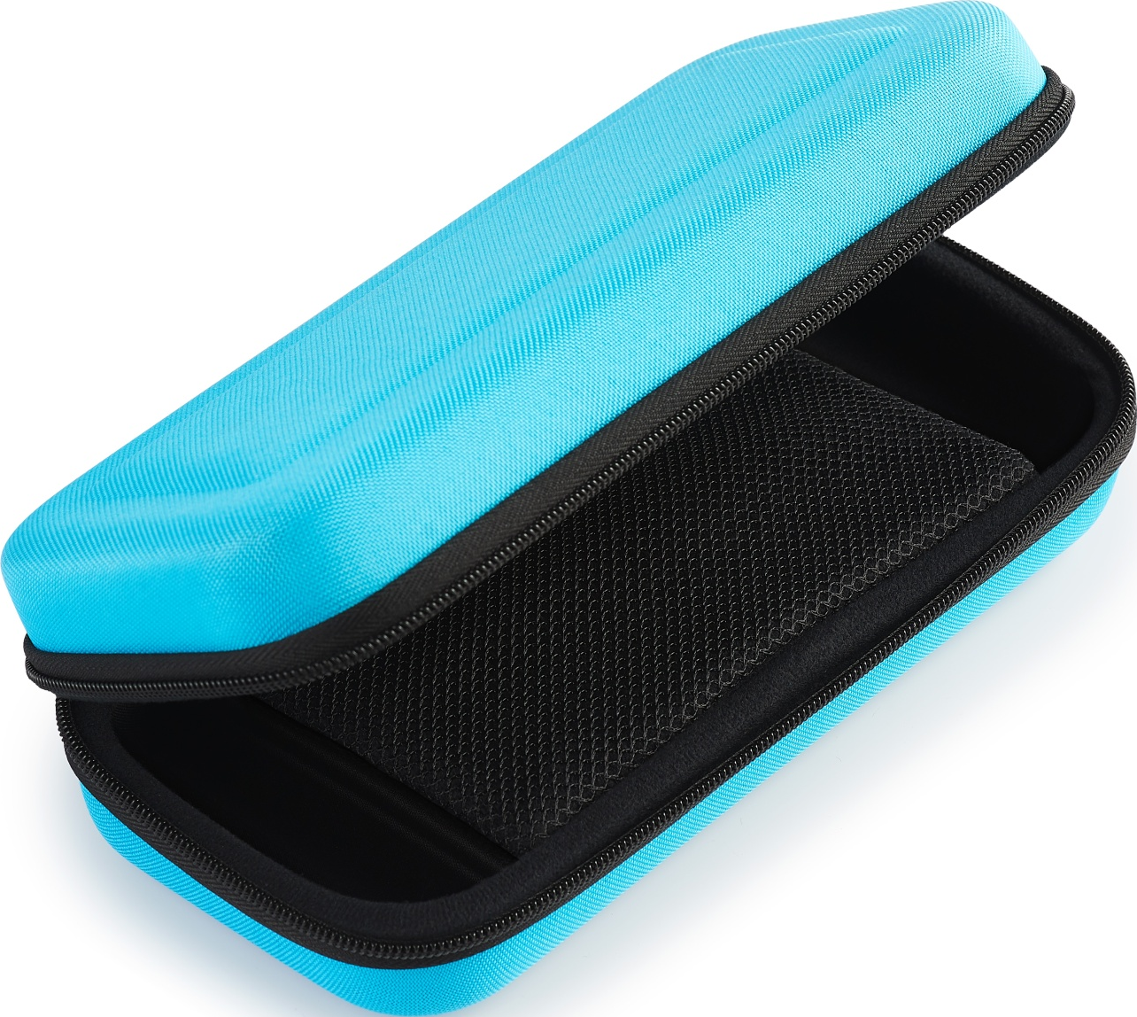 Custodia Nintendo Switch azzurra aperta, interno nero, tasca a rete nera. Cerniera nera.