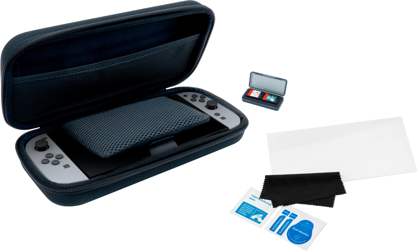 Custodia Nintendo Switch blu scuro aperta con accessori all'interno. Sfondo bianco.