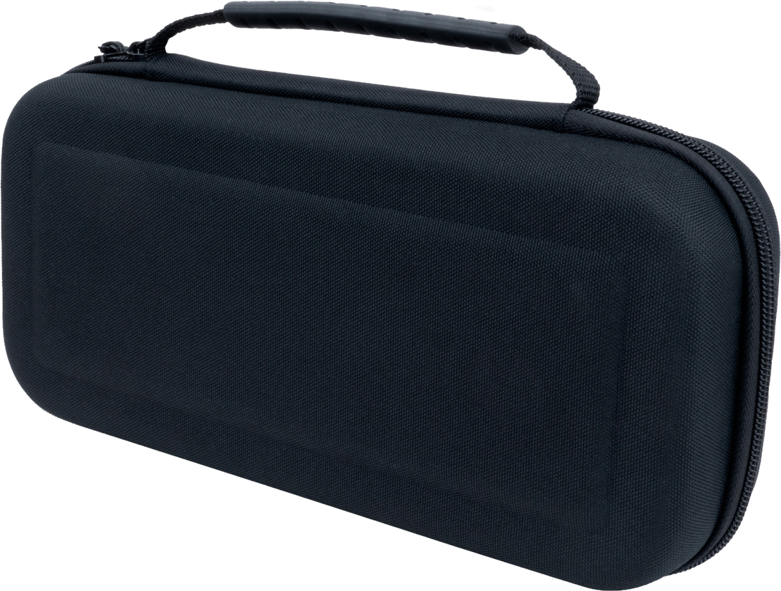 Custodia Nintendo Switch blu scuro chiusa con manico e zip nera, sfondo nero.