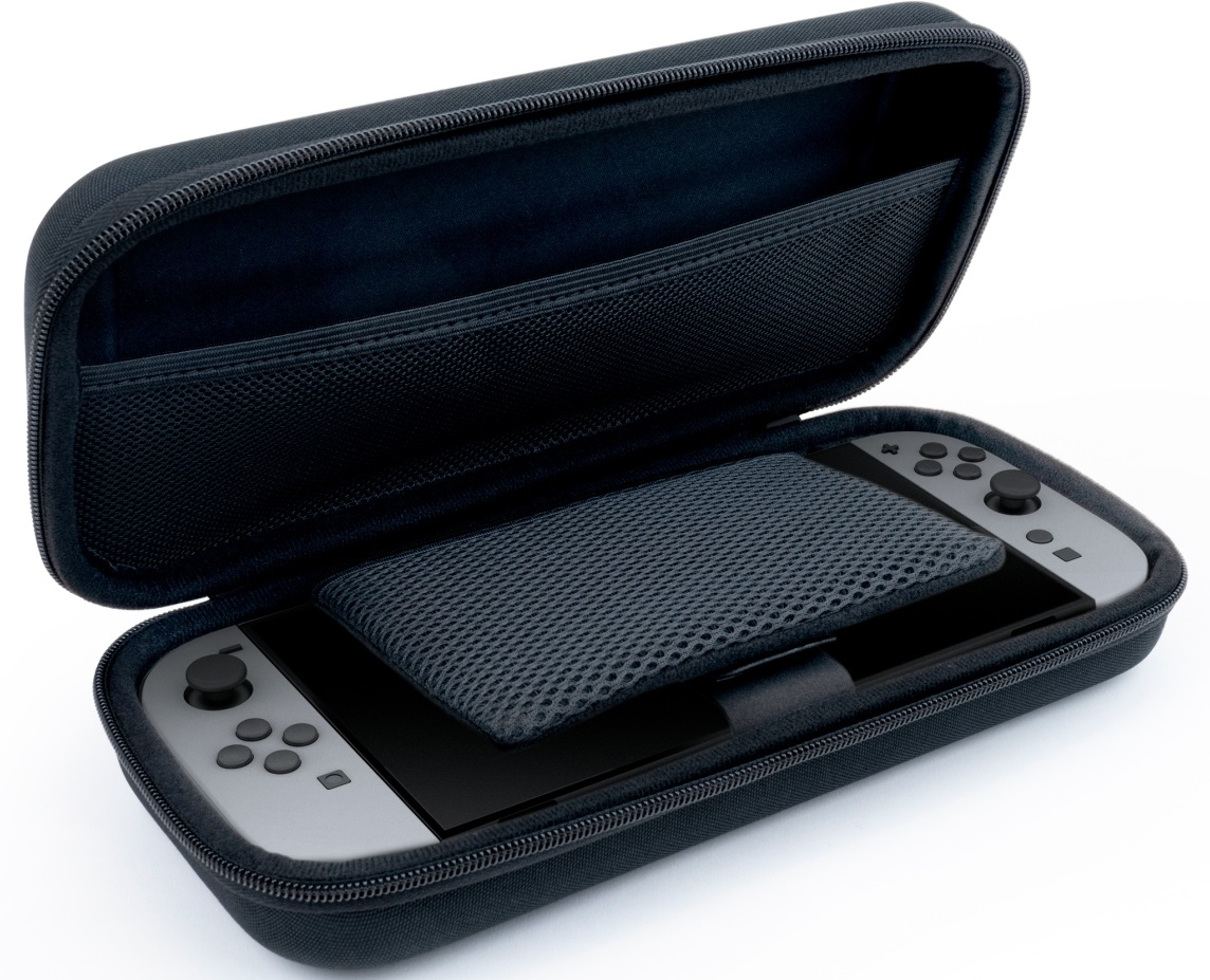Étui noir ouvert avec Nintendo Switch à l'intérieur, un écran en maille couvre.