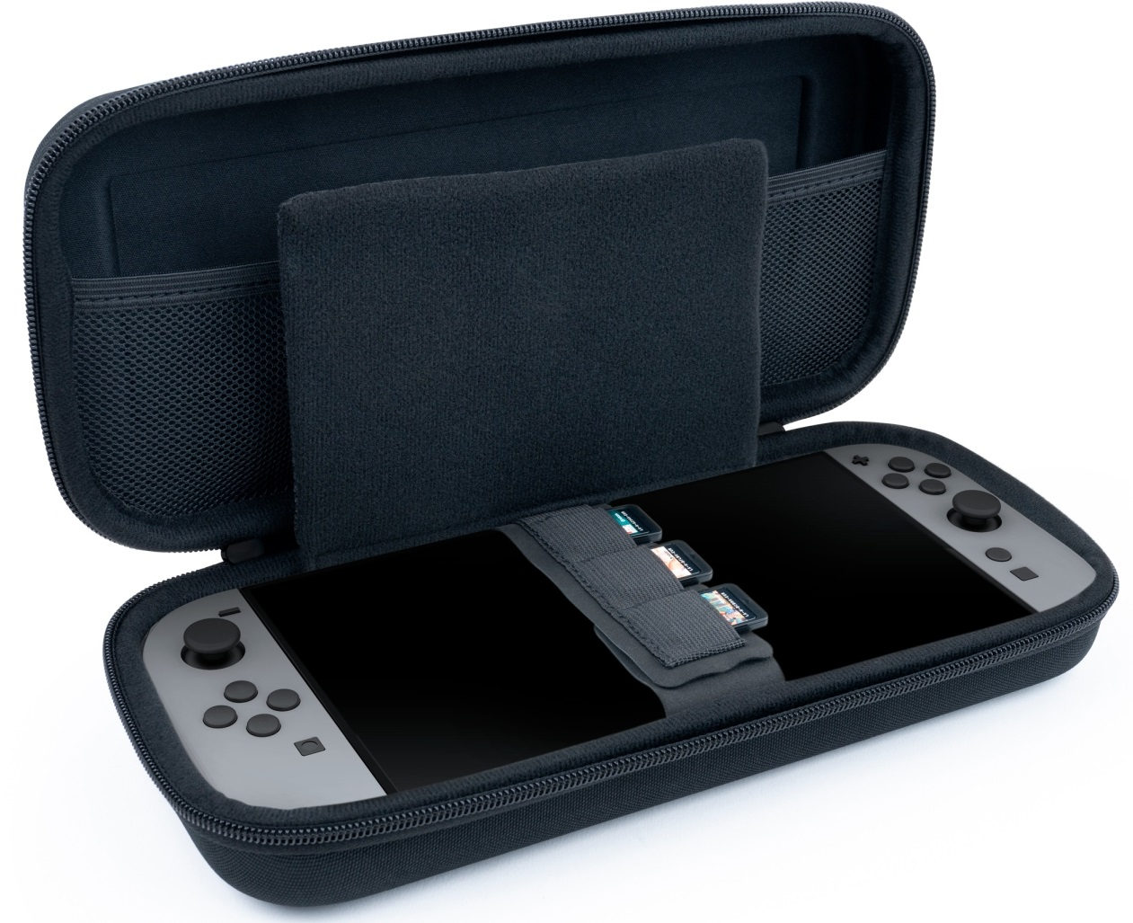Étui noir ouvert avec Nintendo Switch. Un écran et un porte-cartes sont visibles.