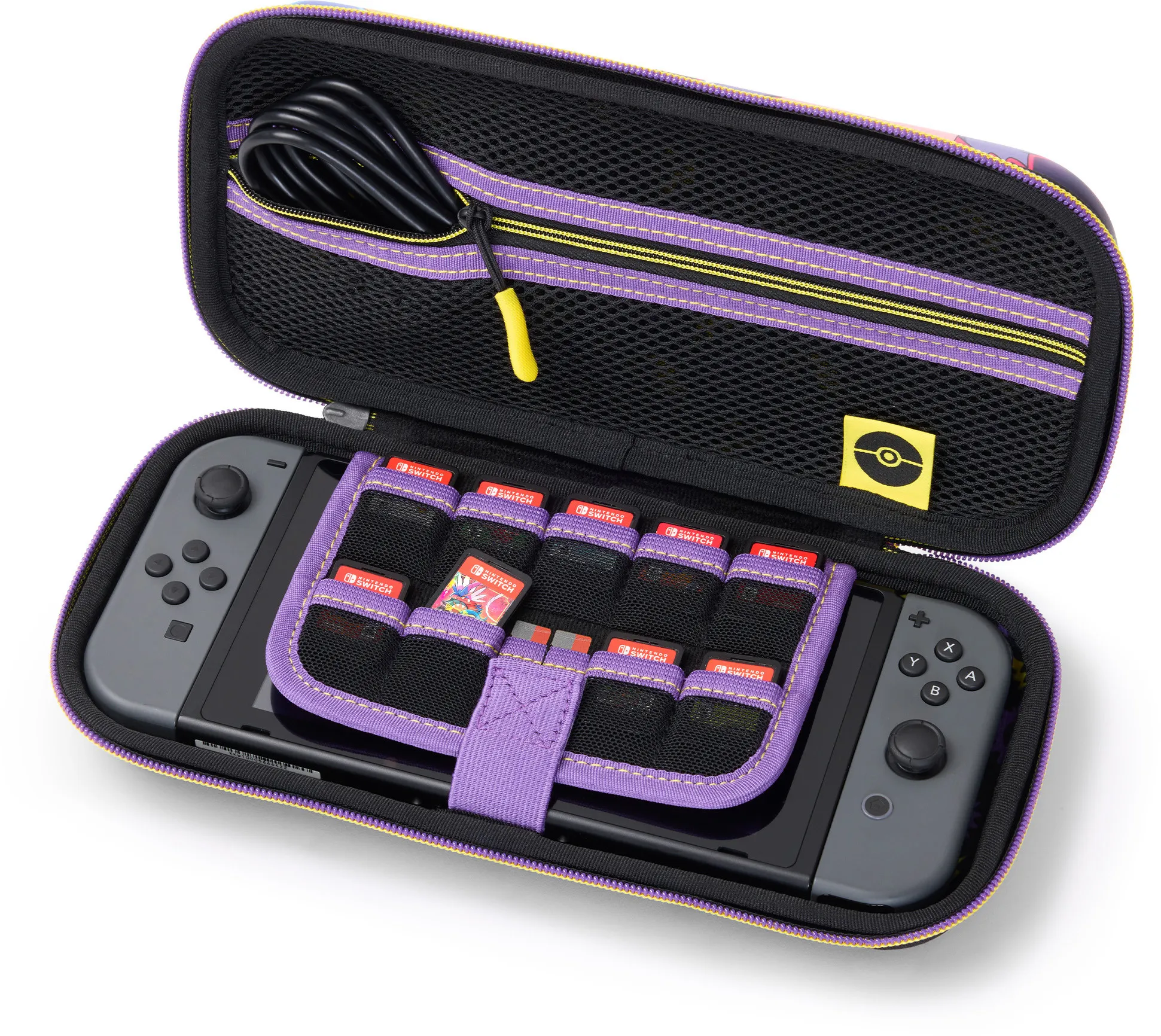 Geöffnete lila und gelbe Hülle mit einem grauen Nintendo Switch mit grauen Controllern.