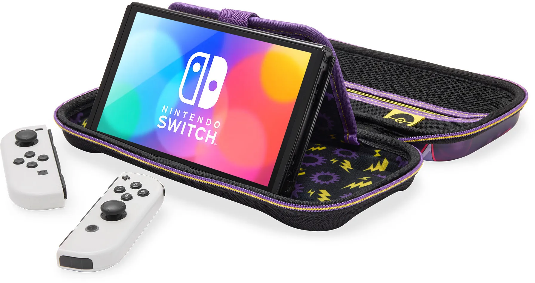 Geöffnete Hülle mit einem Nintendo Switch, weißen Controllern und einem Logo auf dem Bildschirm.