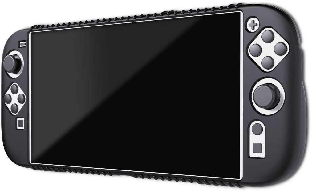 Console di gioco portatile nera, vista angolata, pulsanti e schermo visibili.