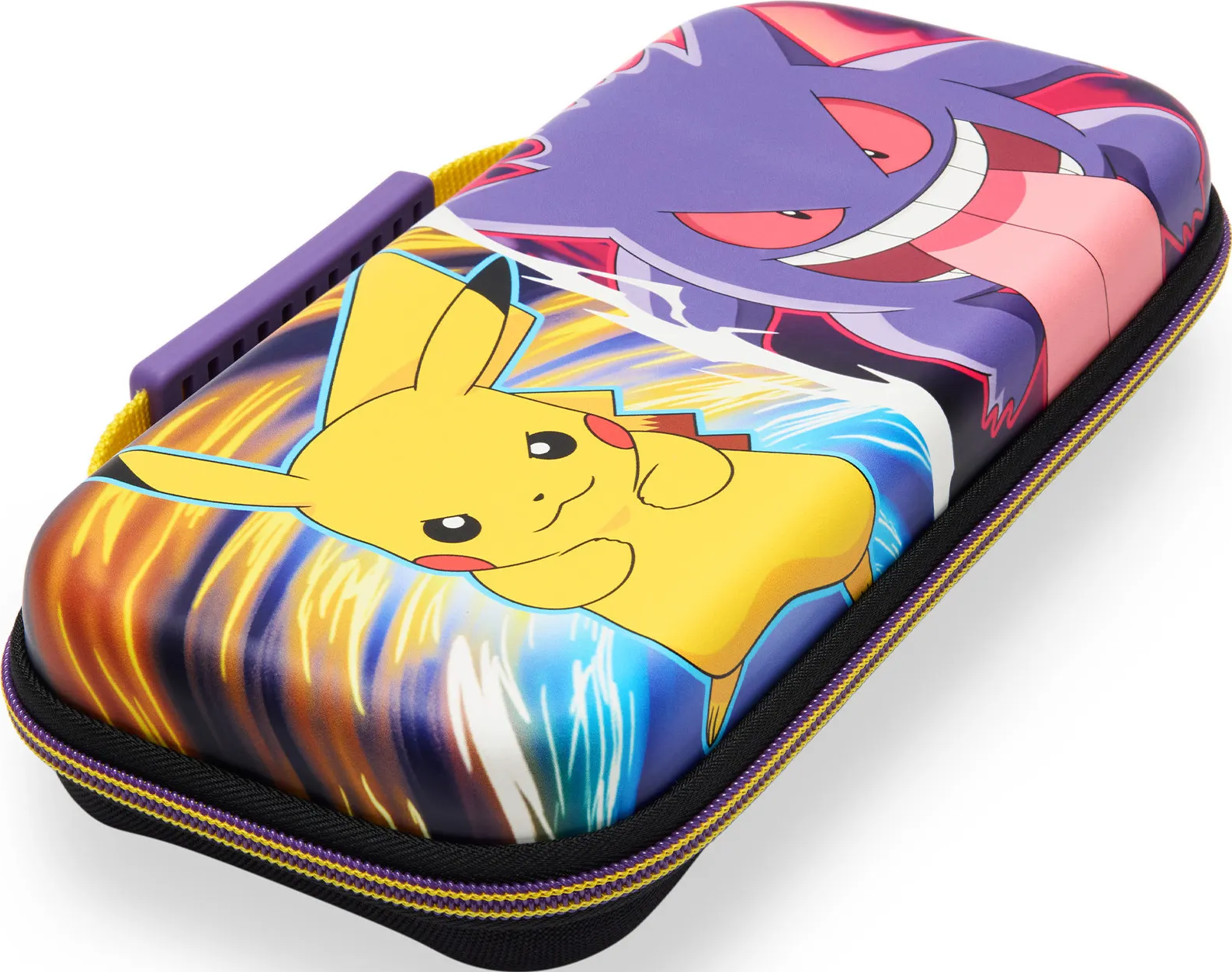 Nahaufnahme einer Hülle mit Pikachu und Gengar auf der Vorderseite. Lila Griff.