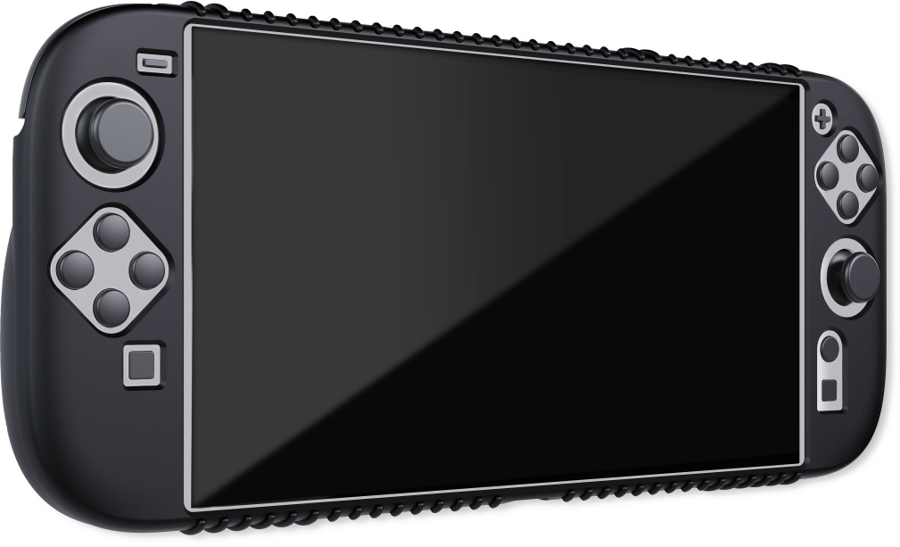 Console di gioco portatile nera angolata. Dettagli dello schermo e pulsanti visibili.