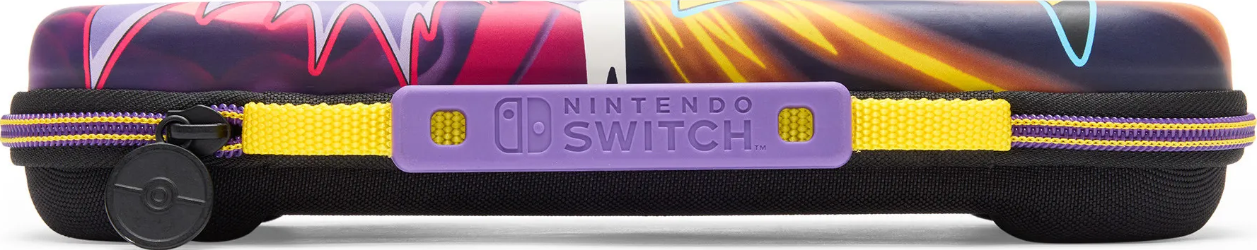 Seitenansicht einer Nintendo Switch-Hülle mit Pikachu und Gengar, lila Griff und gelbem Reißverschluss.