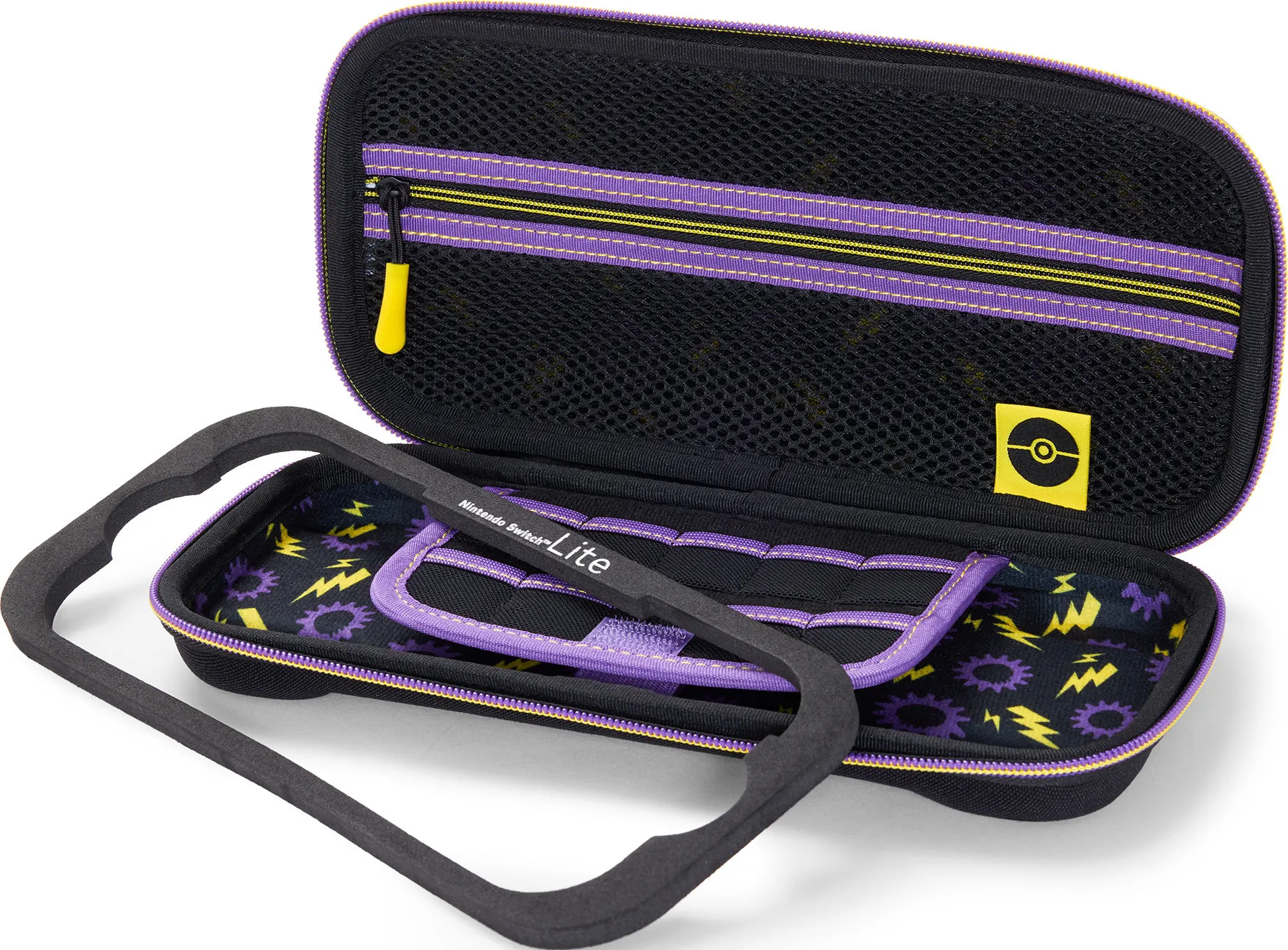 Offene schwarze und lila Nintendo Switch Lite Hülle. Gelber Reißverschluss, lila und gelbes Futter und ein Schaumstoffrahmen.