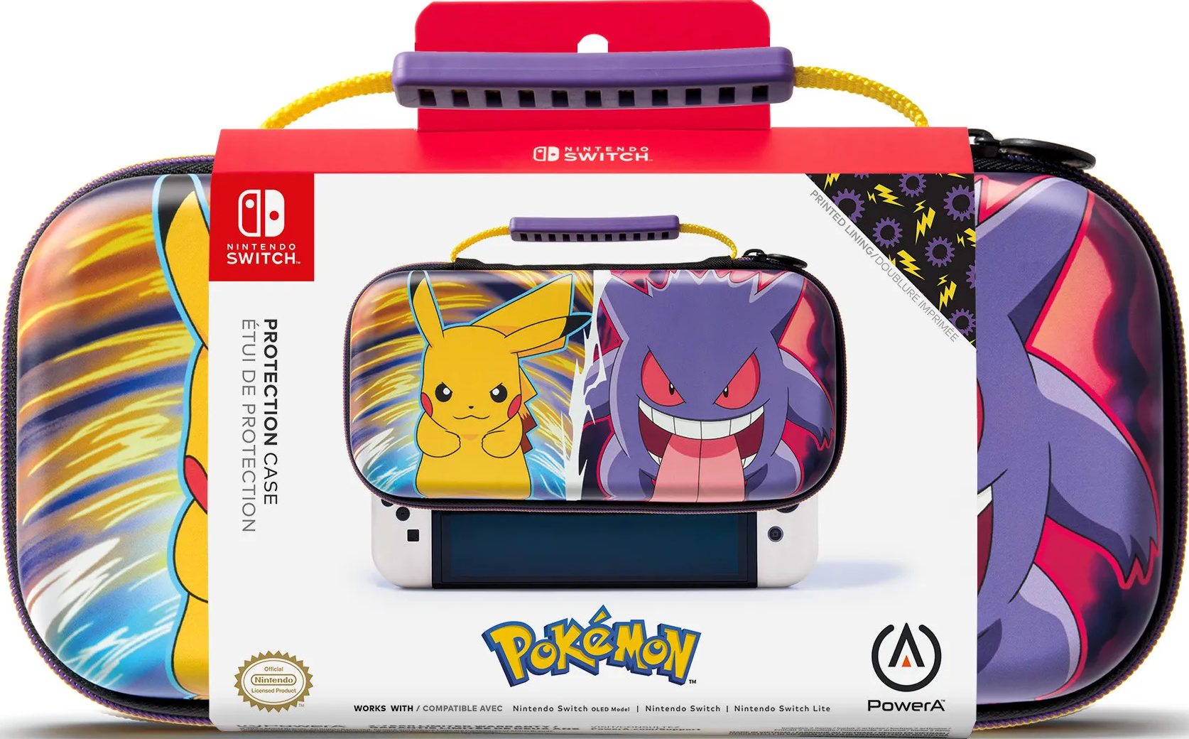 Nintendo Switch-Hülle mit Pikachu und Gengar. Weiße Konsole und farbenfrohe Hülle mit Griff.