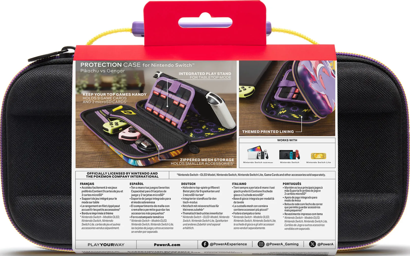 Die Rückseite einer Nintendo Switch-Hülle zeigt das Innere mit Spielkartenfächern und einer Netztasche.