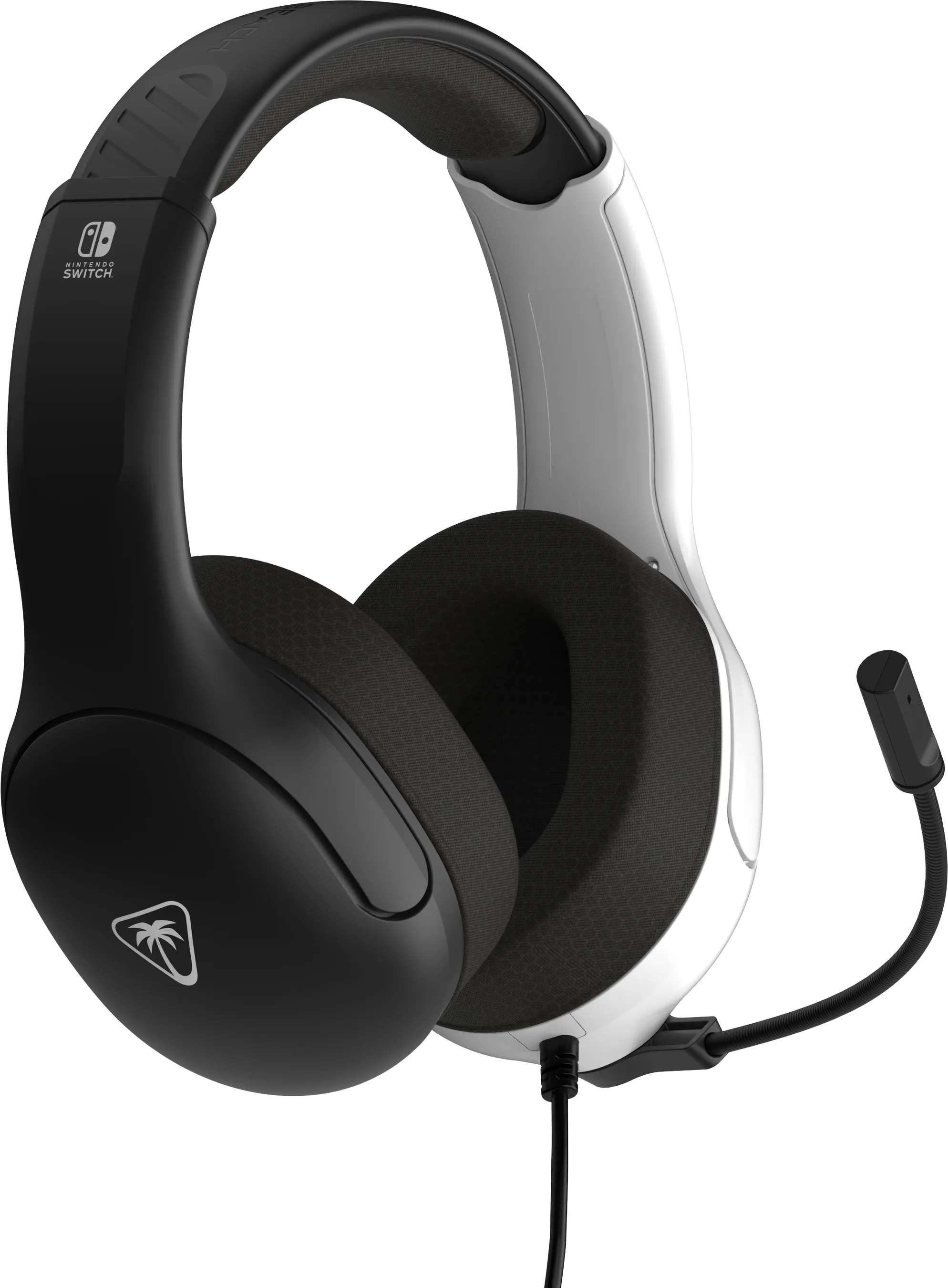 Cuffie da gioco in bianco e nero con microfono curvo. Un logo Nintendo Switch è visibile.