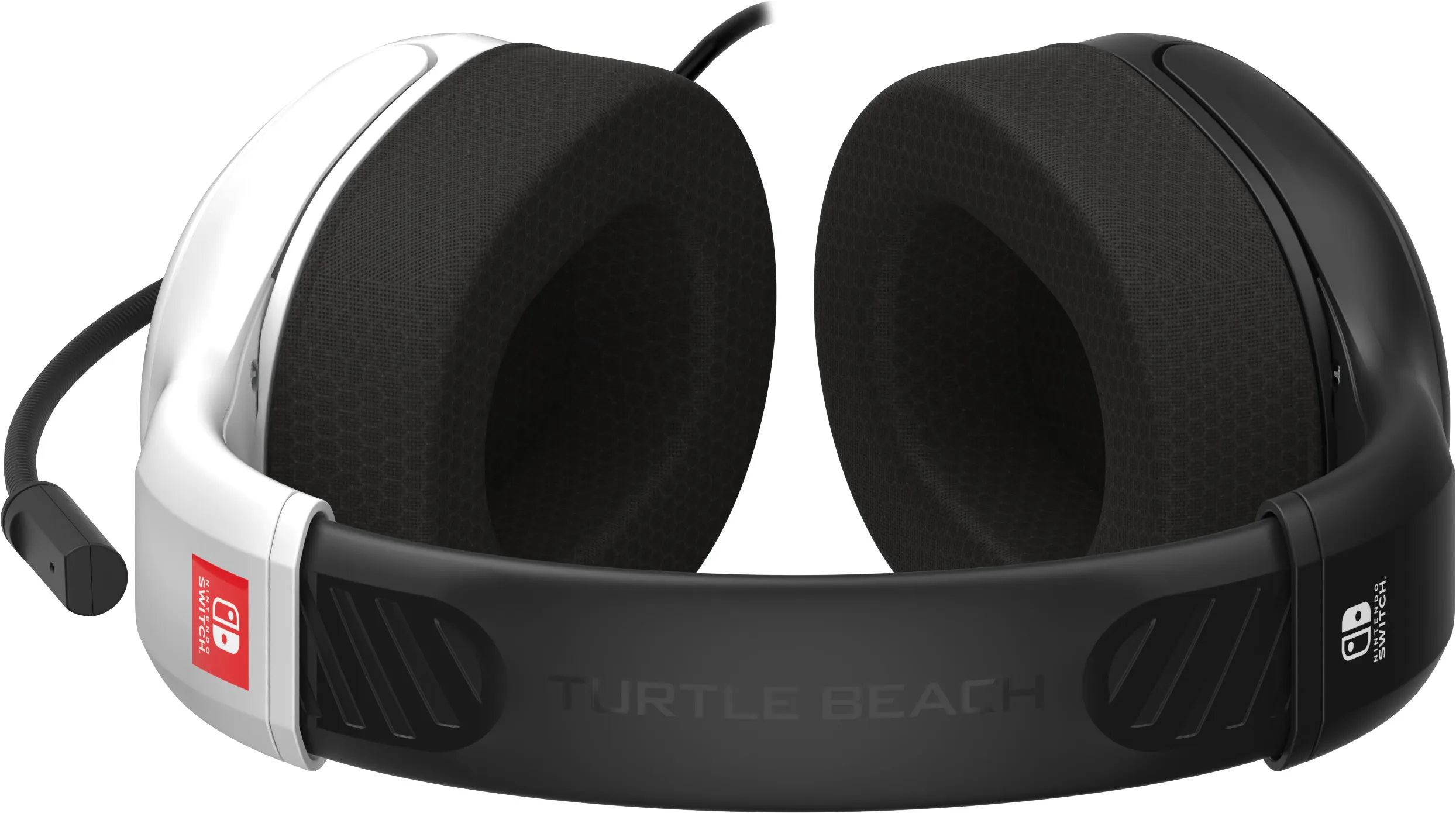 Cuffie da gioco bianche e nere con microfono curvo e logo Turtle Beach.