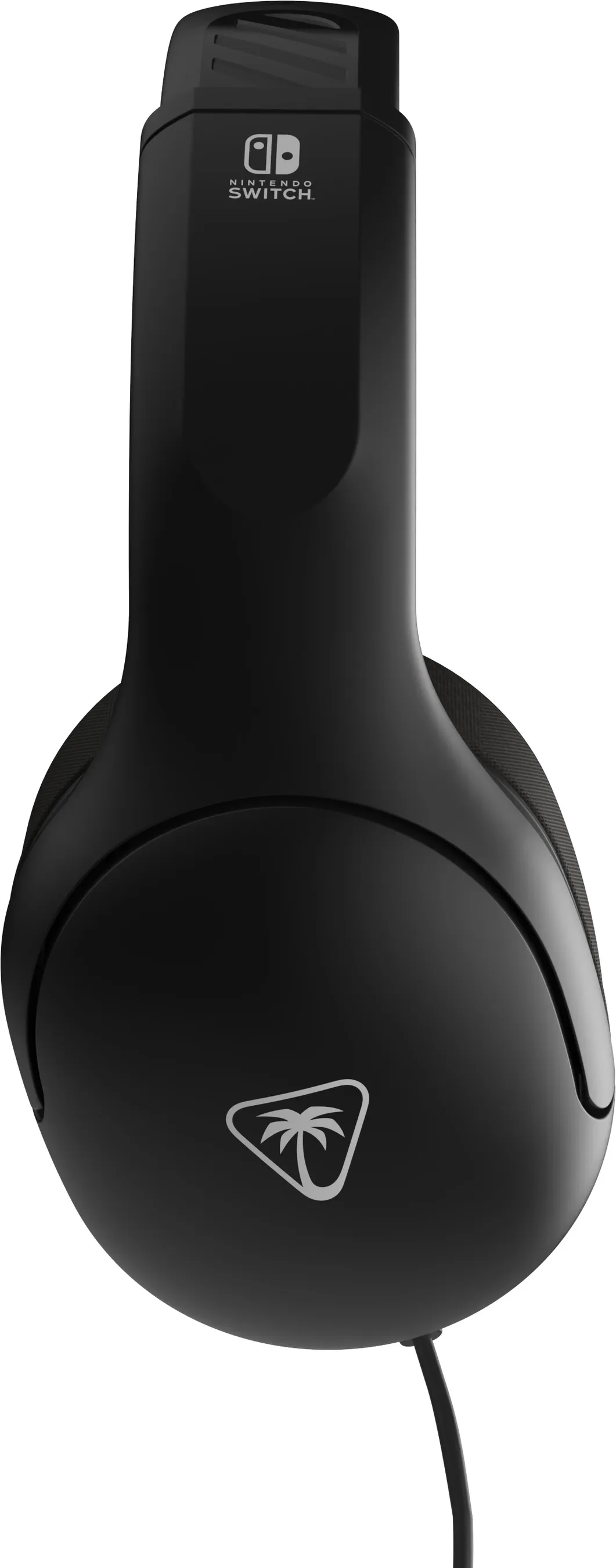 Cuffie da gioco nere con microfono e logo della palma. Logo Nintendo Switch in alto.