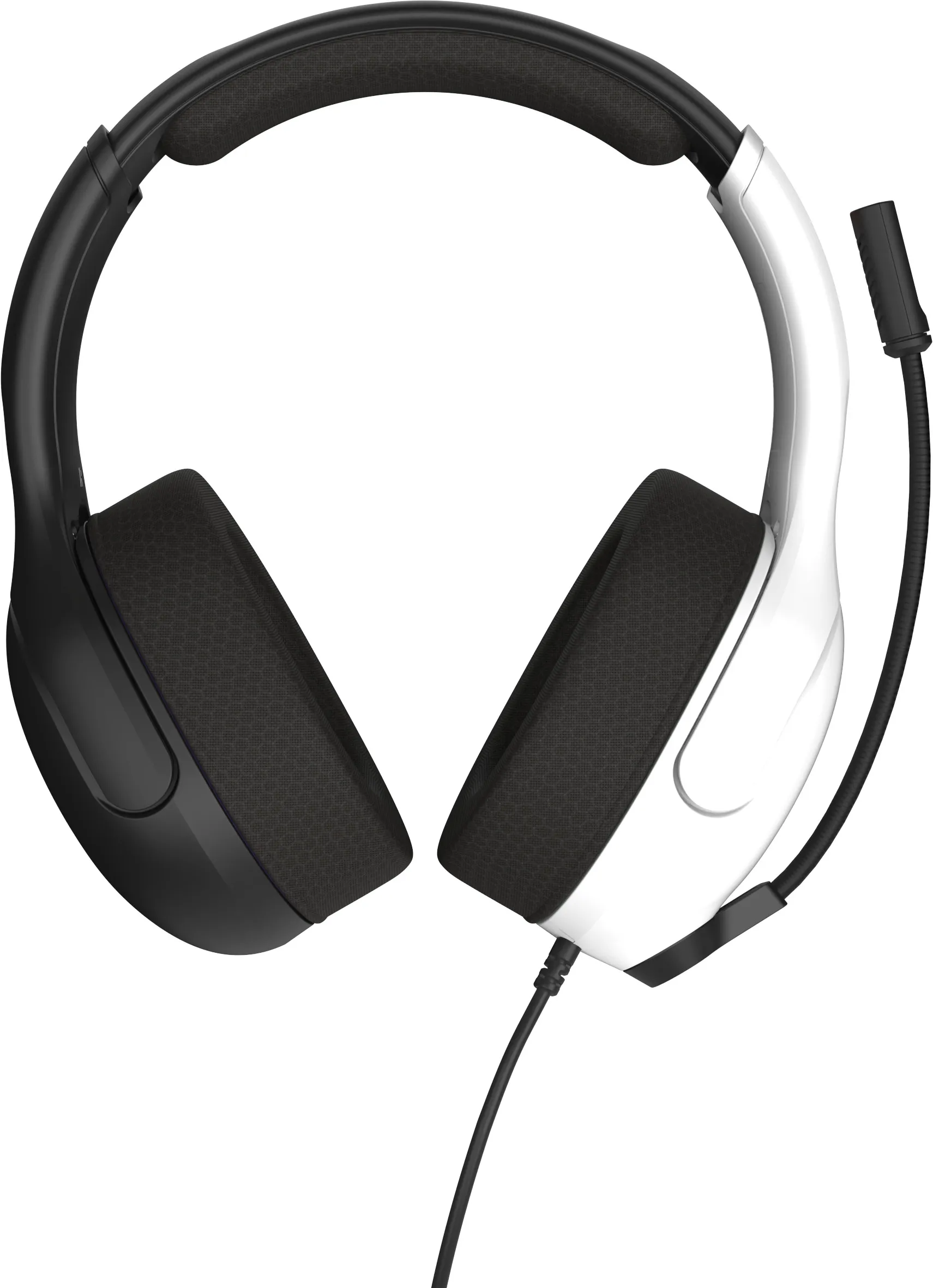 Cuffie da gioco in bianco e nero con microfono e logo Turtle Beach. Le cuffie sono aperte.