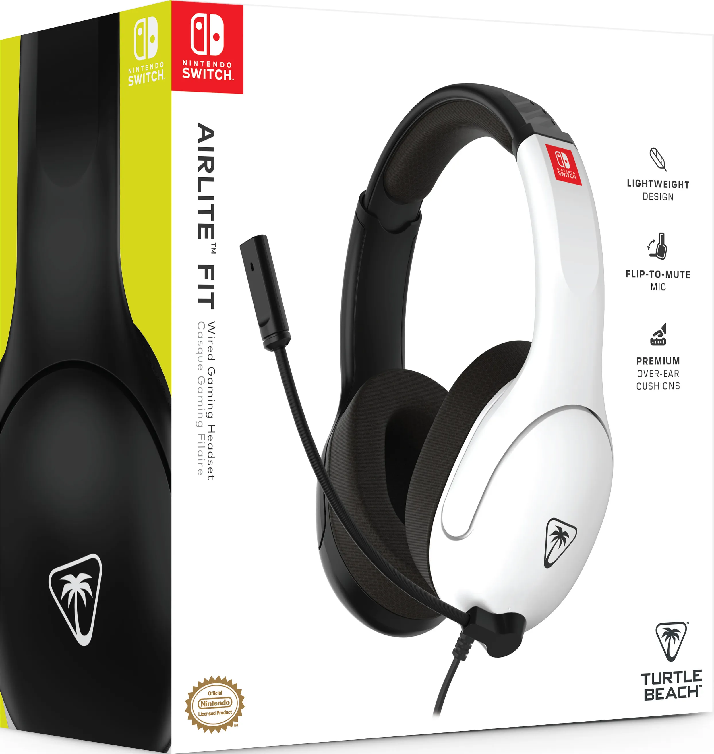 Scatola con cuffie bianche e nere. La scatola riporta le parole AIRLITE FIT e Turtle Beach.