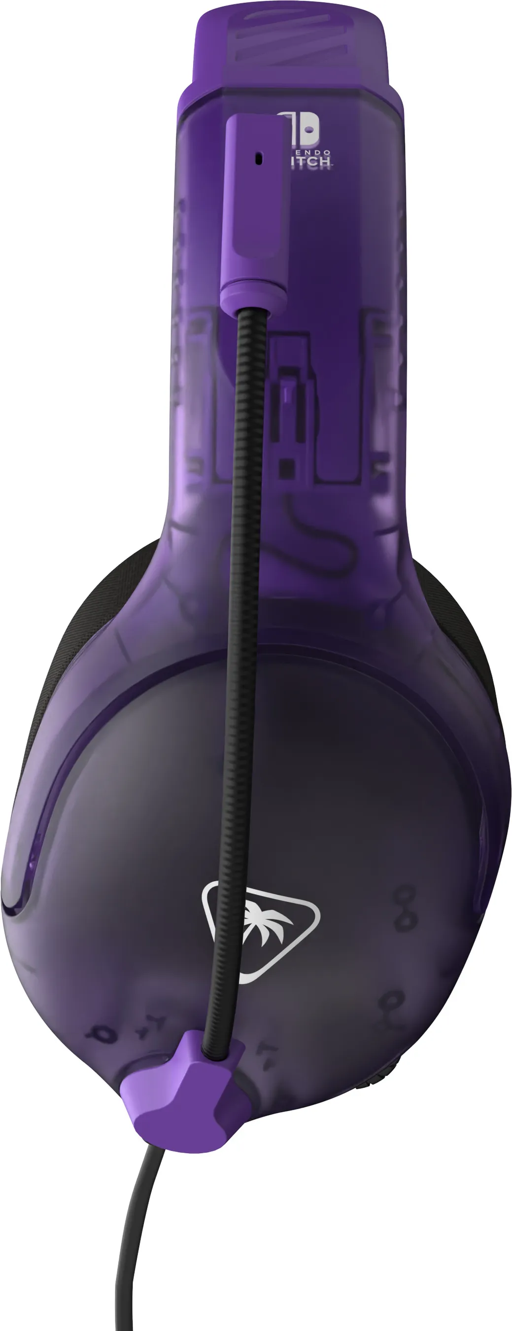 Lila Headset für Nintendo Switch, Seitenansicht. Es hat ein Mikrofon und ein Kabel.