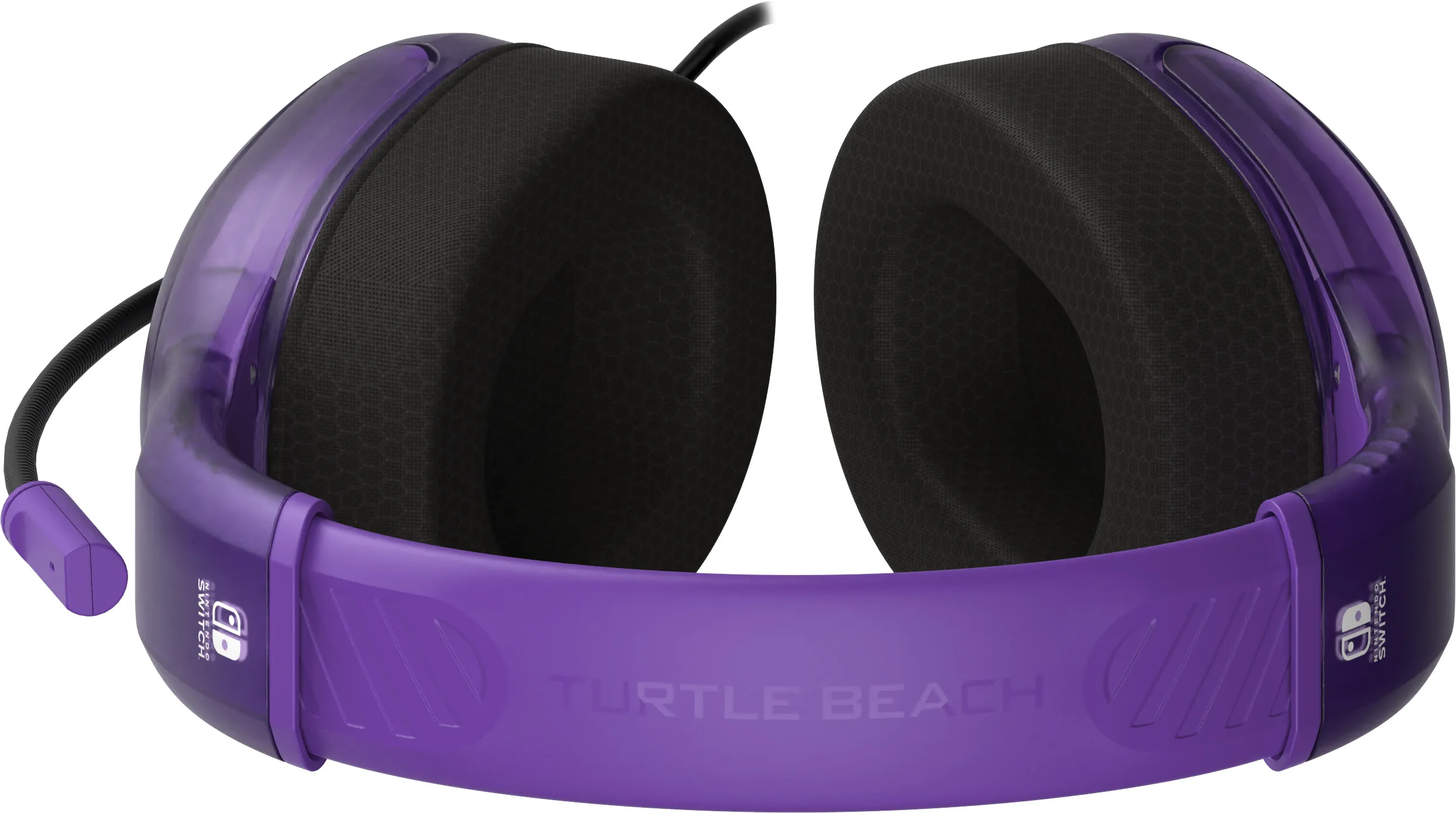 Lila Nintendo Switch-Headset. Das Headset hat schwarze Ohrmuscheln und den Markennamen.