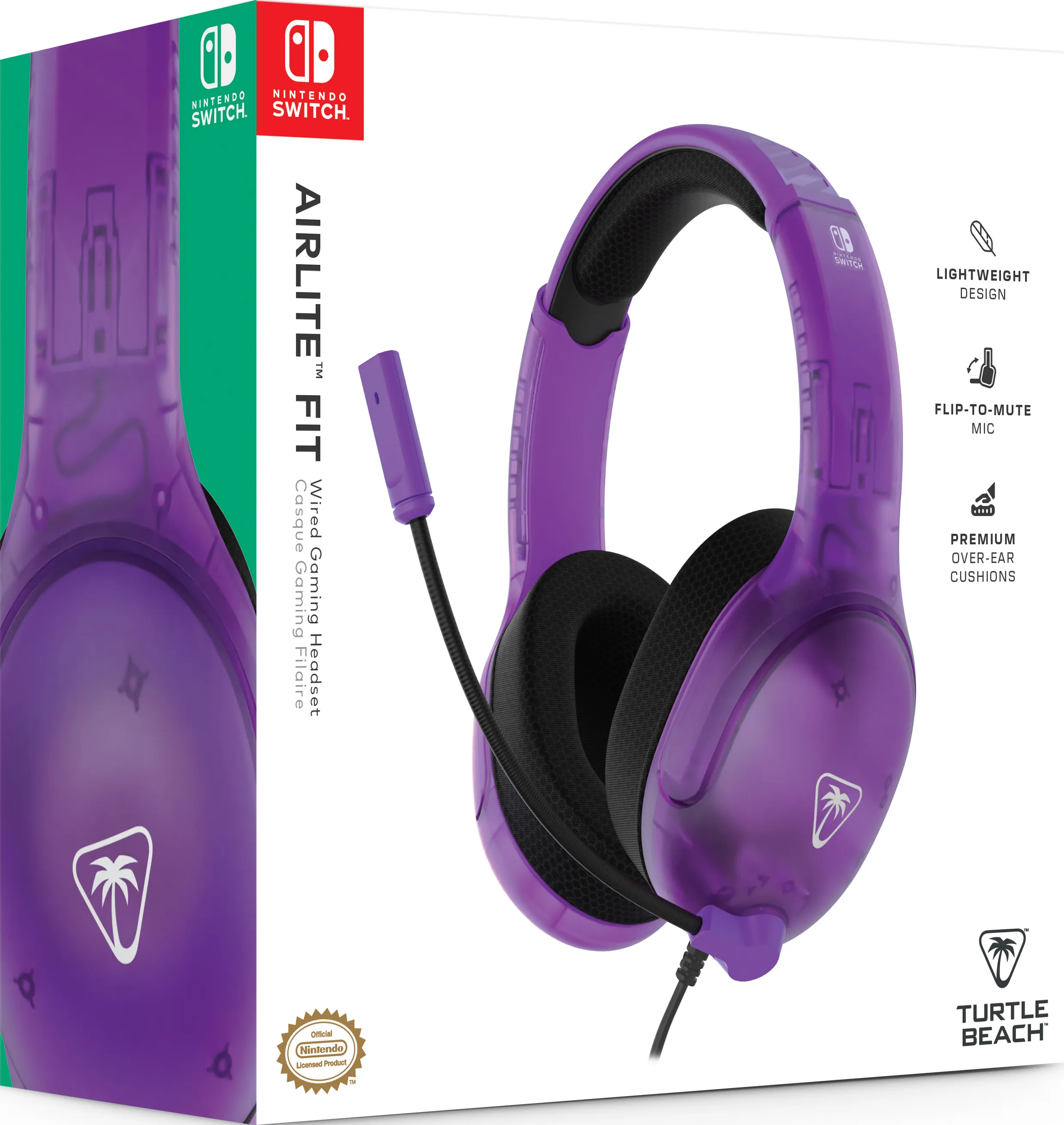 Schachtel mit lila Nintendo Switch-Headset AIRLITE FIT. Es hat ein Mikrofon und ein schwarzes Kabel.