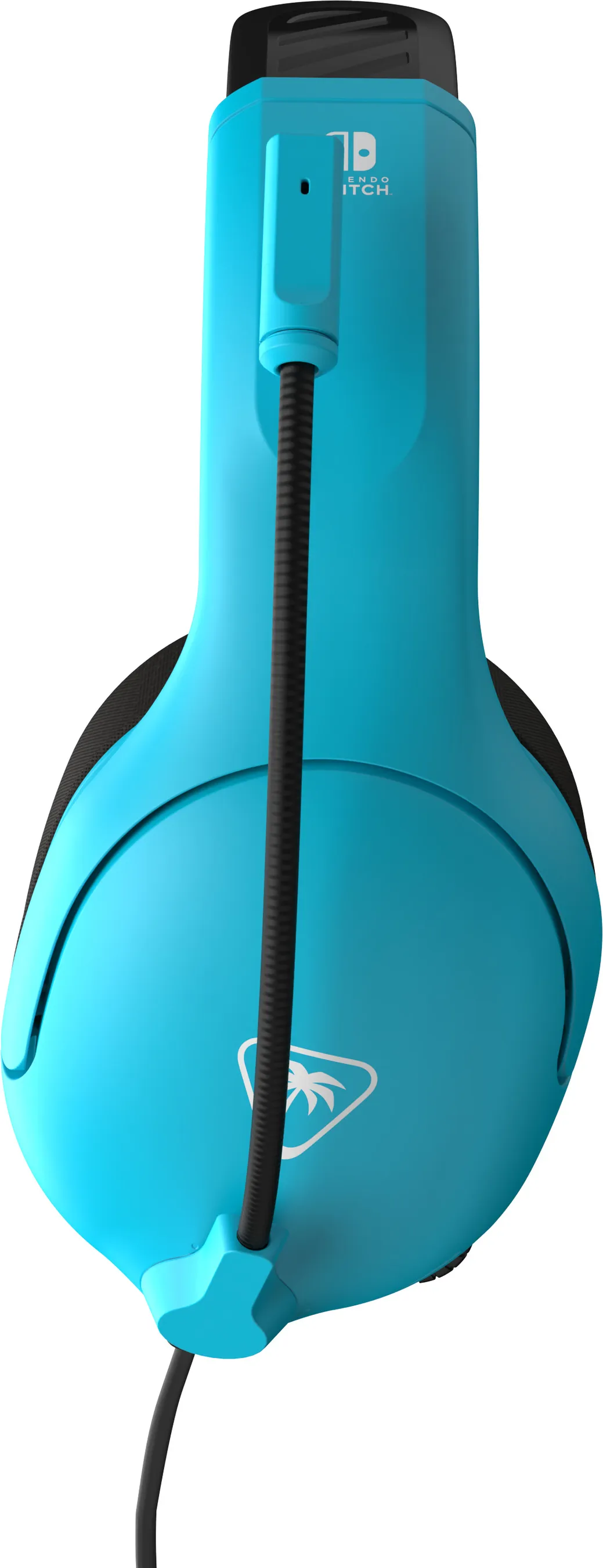Blaues Nintendo Switch-Headset, Seitenansicht. Es hat ein Mikrofon und ein Kabel.