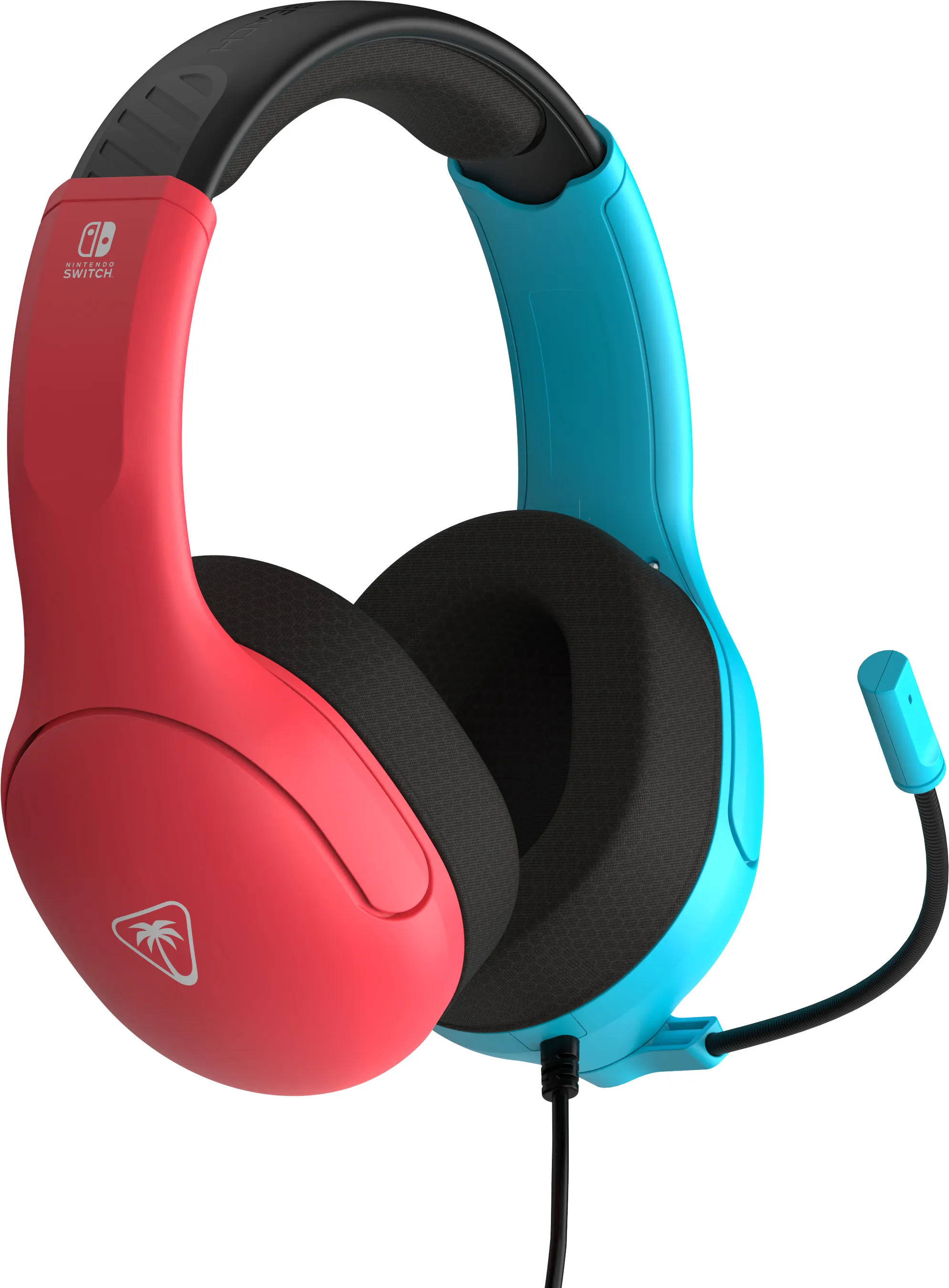 Blaues und rotes Nintendo Switch-Headset mit Mikrofon. Es hat zwei Ohrmuscheln.