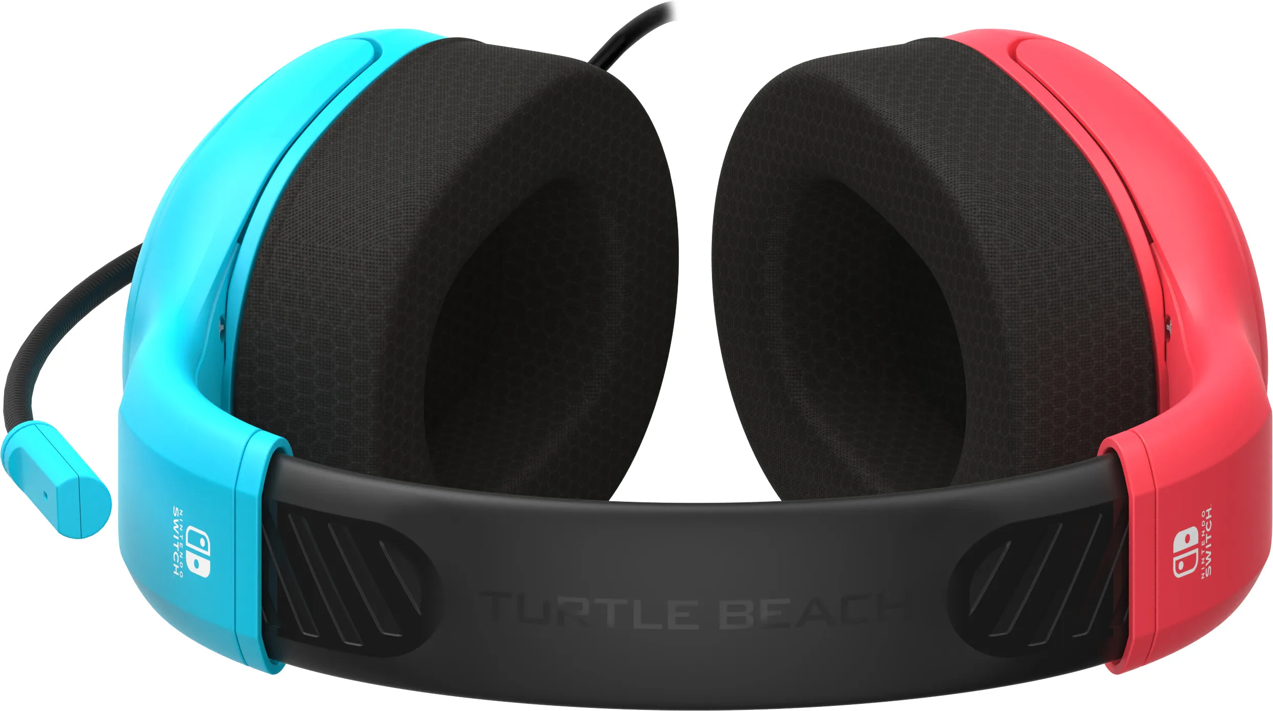 Blaues und rotes Nintendo Switch-Headset. Es hat zwei Ohrmuscheln und Turtle Beach.