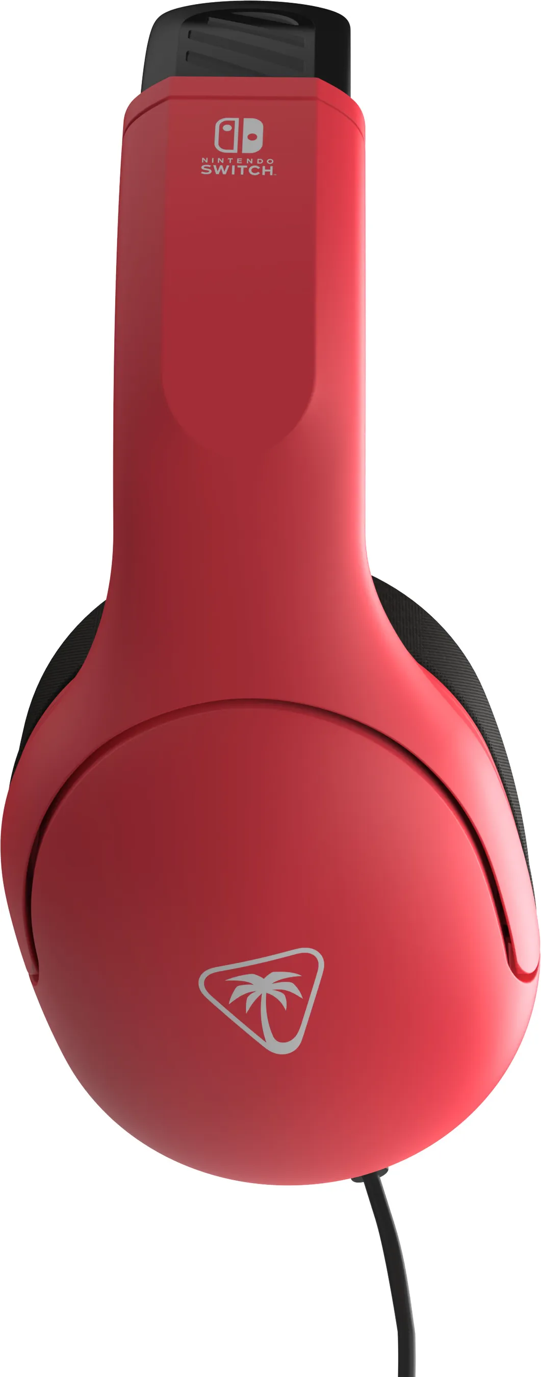 Rotes Nintendo Switch-Headset, Seitenansicht. Das Headset hat ein Kabel und ein Mikrofon.