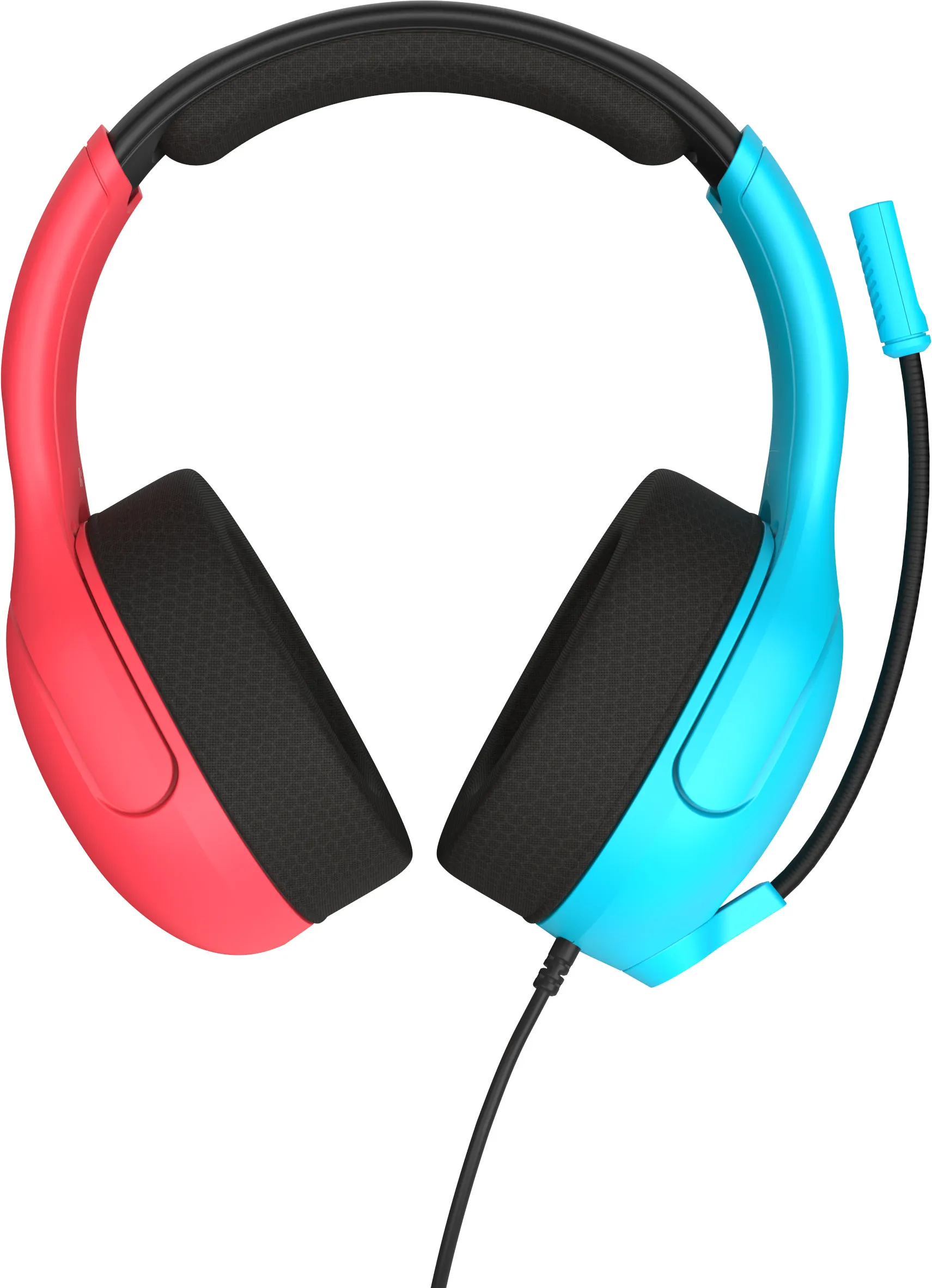 Rotes und blaues Nintendo Switch-Headset mit Mikrofon. Es hat zwei Ohrmuscheln.